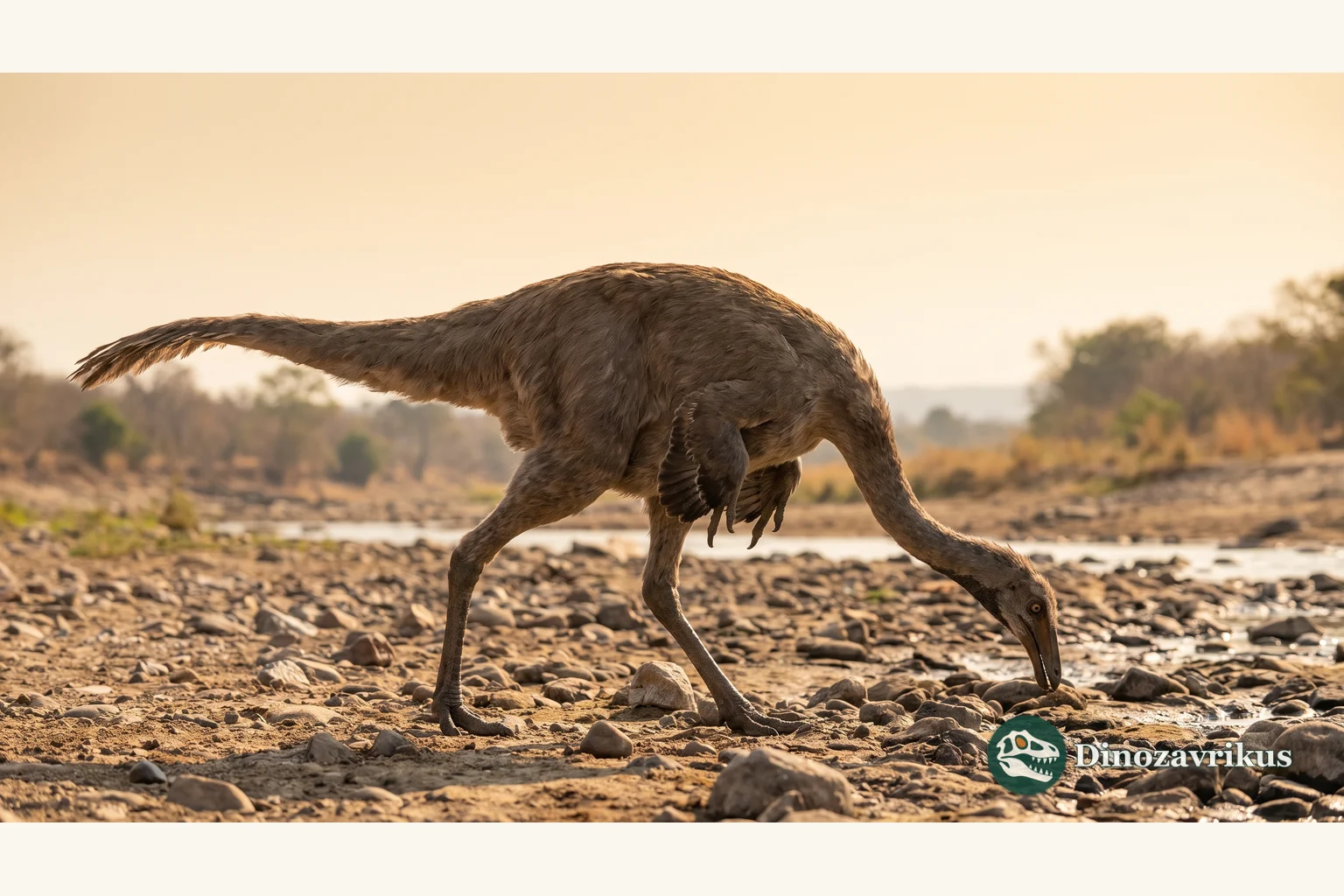 Anserimimus reconstructed beside a Late Cretaceous river