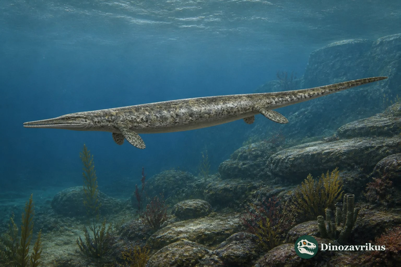 Anshunsaurus huangguoshuensis swimming above a Triassic seabed in Guizhou