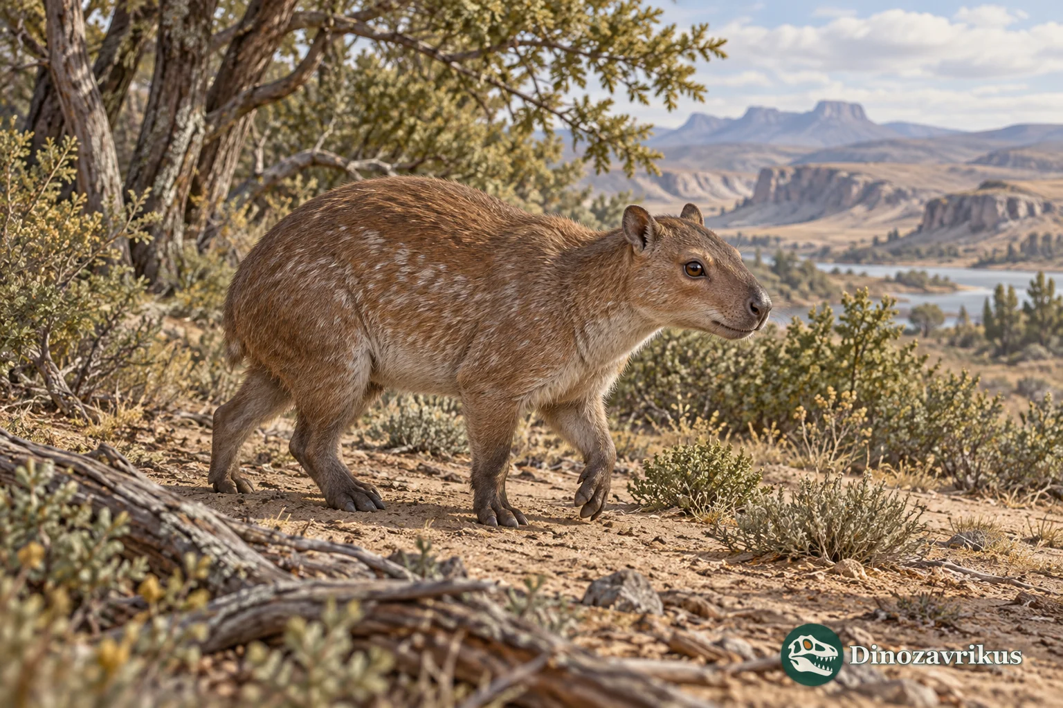 Artistic reconstruction of a small Antepithecus among middle Eocene Patagonian vegetation