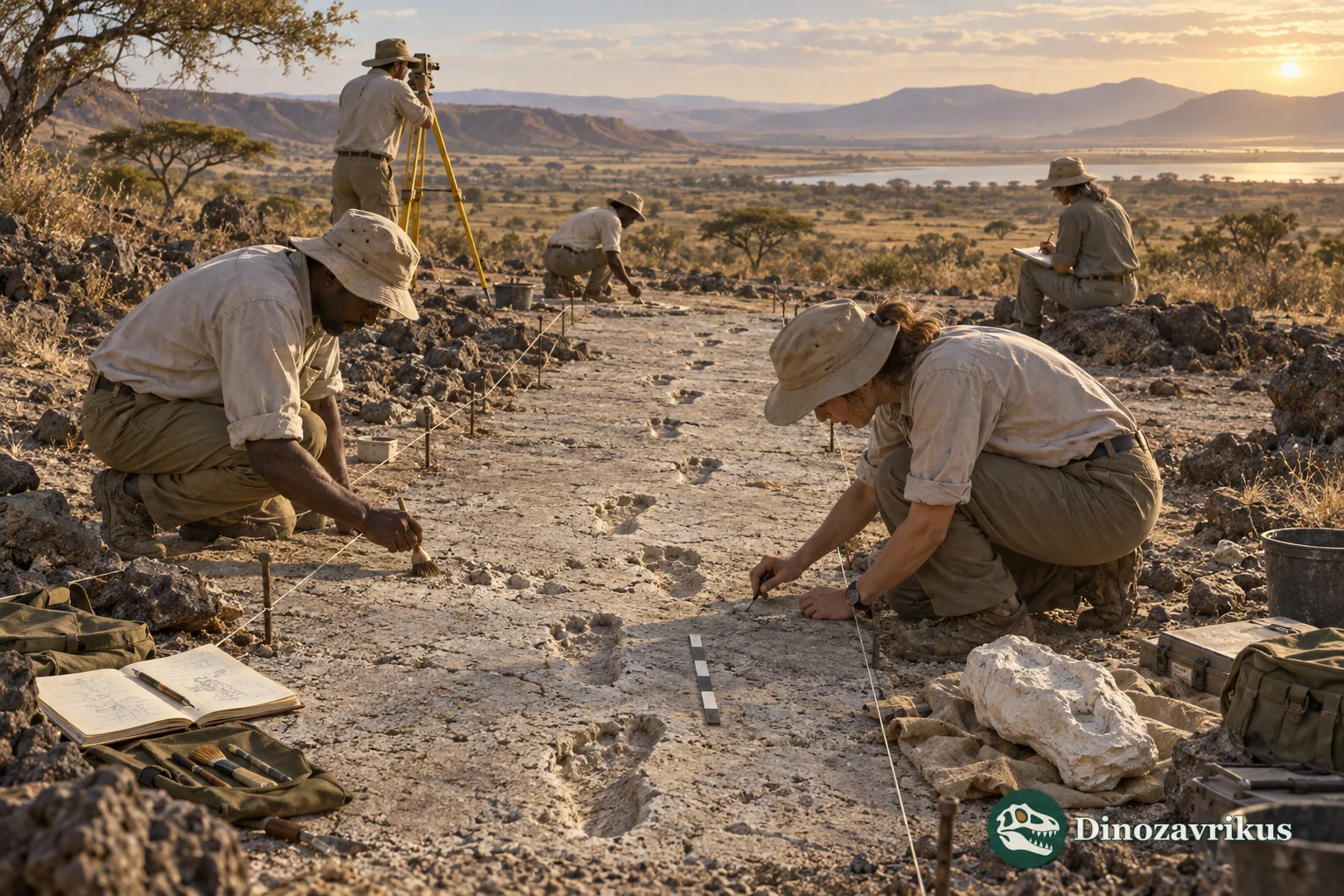 Archaeologists document an ancient footprint trail during a field excavation in East Africa