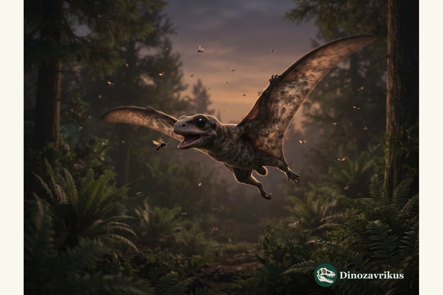 Anurognathus reconstructed pursuing insects in a dim Jurassic forest