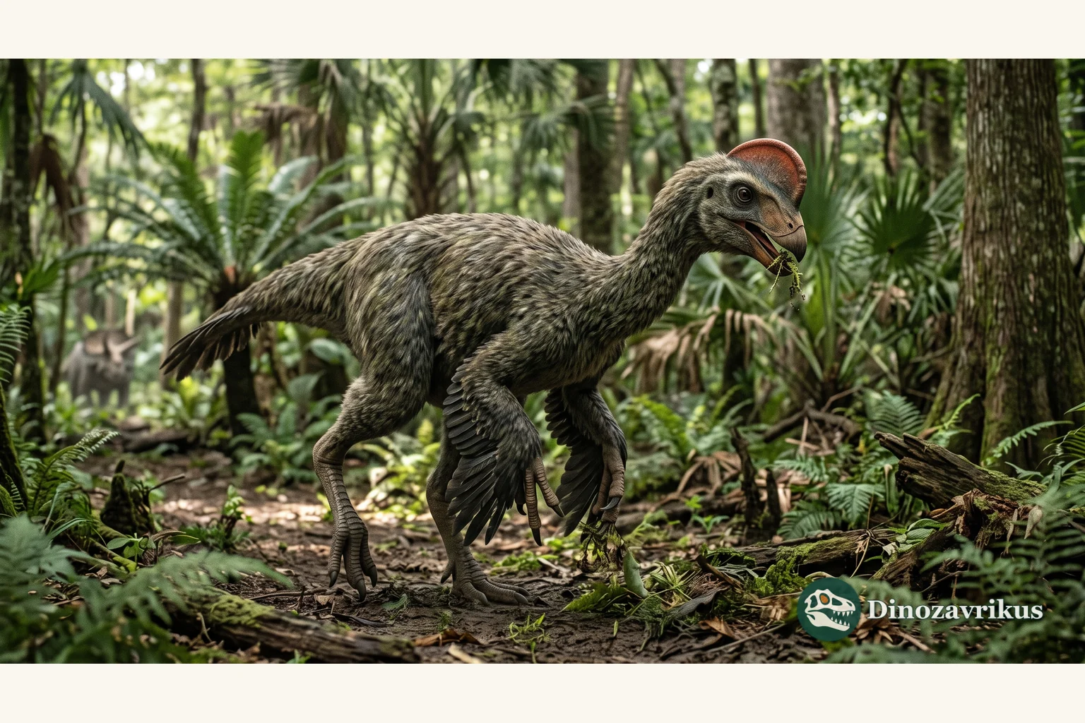 Illustrative reconstruction of Anzu wyliei in a Late Cretaceous Hell Creek landscape