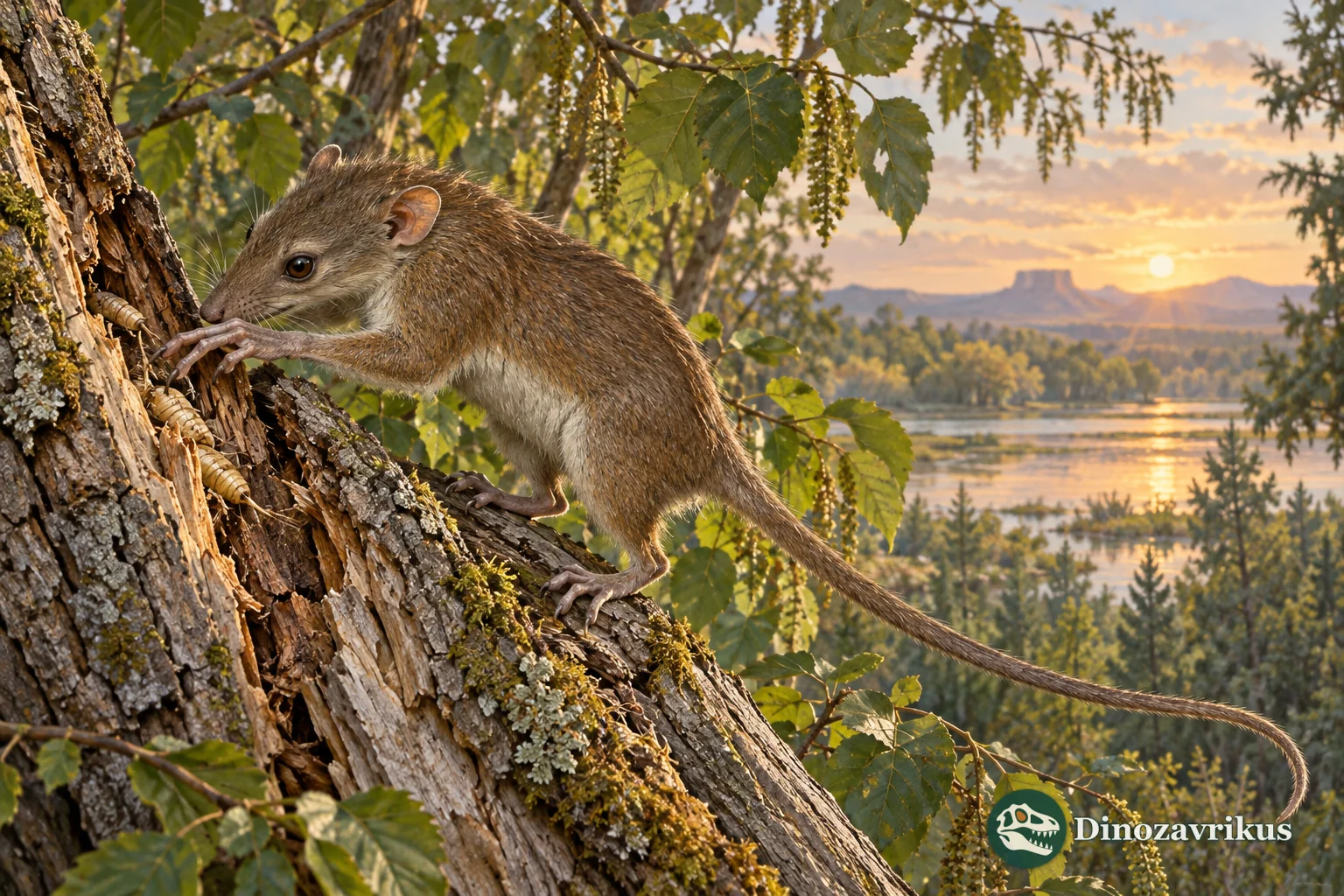 Artistic reconstruction of Apatemys exploring tree bark with elongated fingers