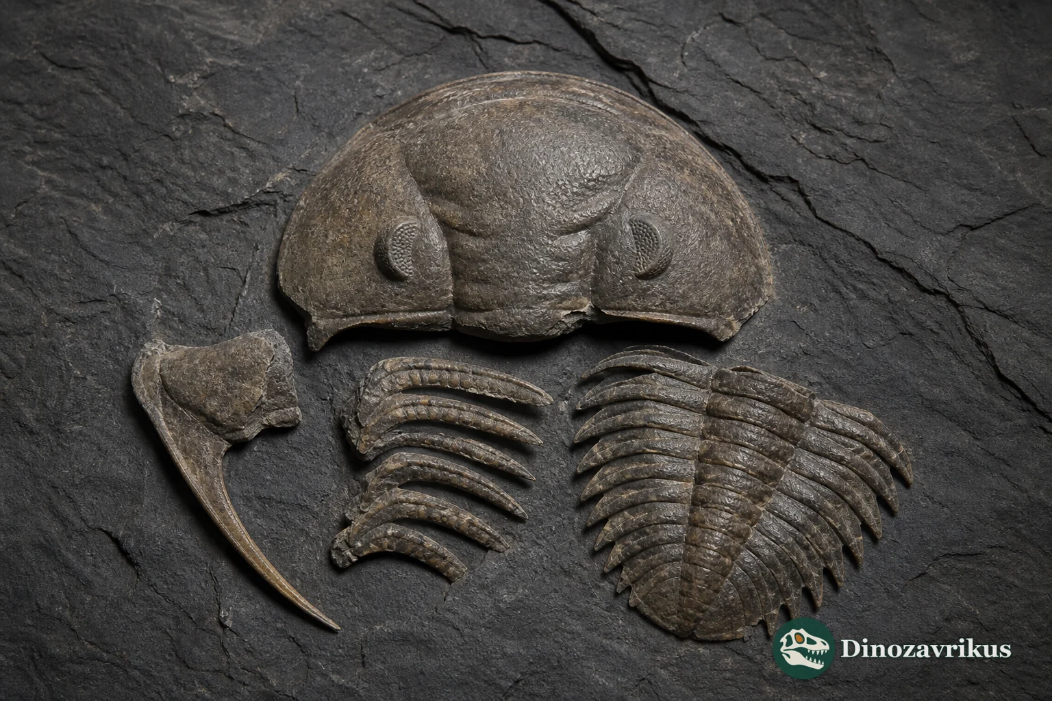 Apatokephalus trilobite with a broad glabella, long cheek lobes and a spined tail shield