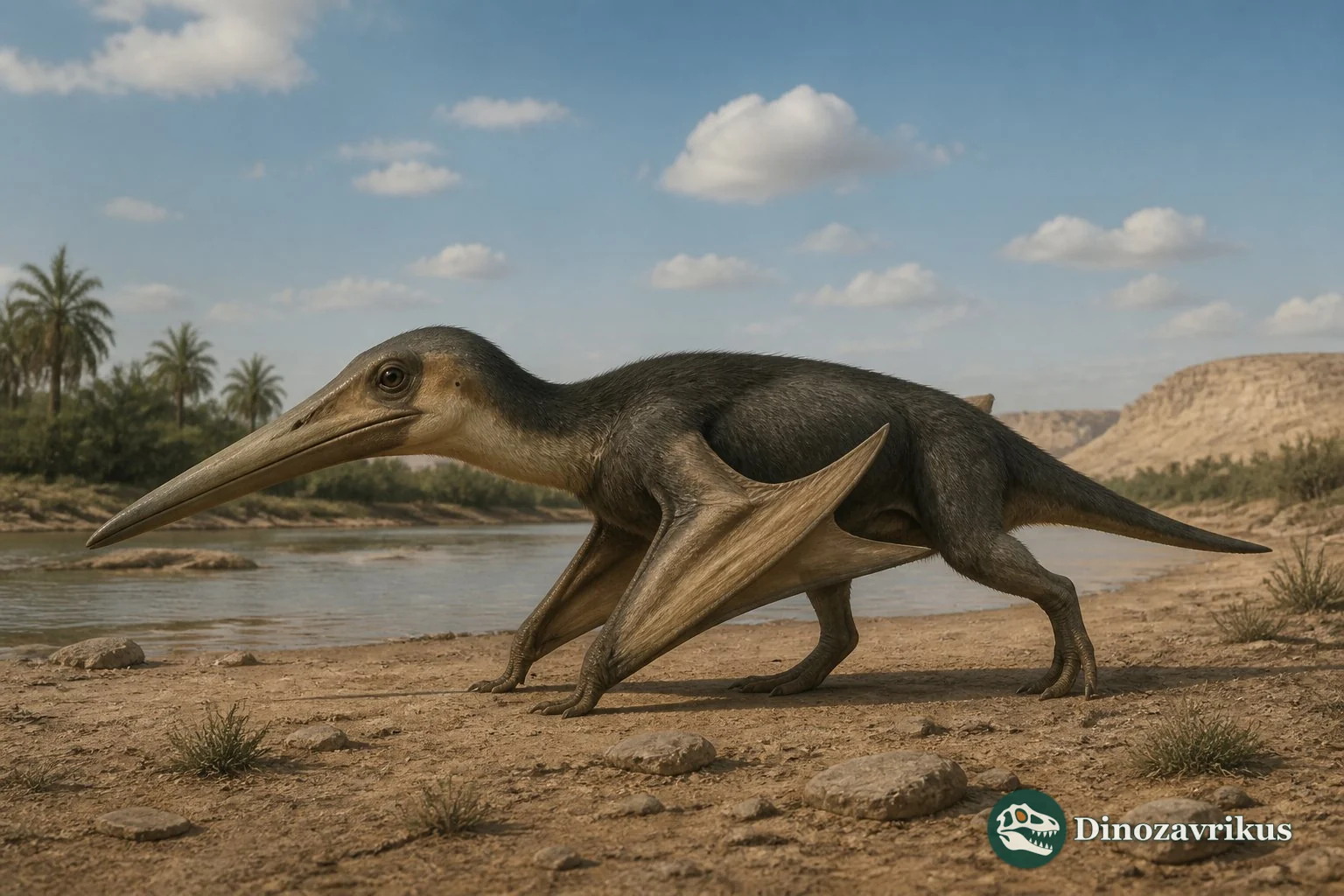 Apatorhamphus reconstructed as a toothless pterosaur over a Kem Kem river plain