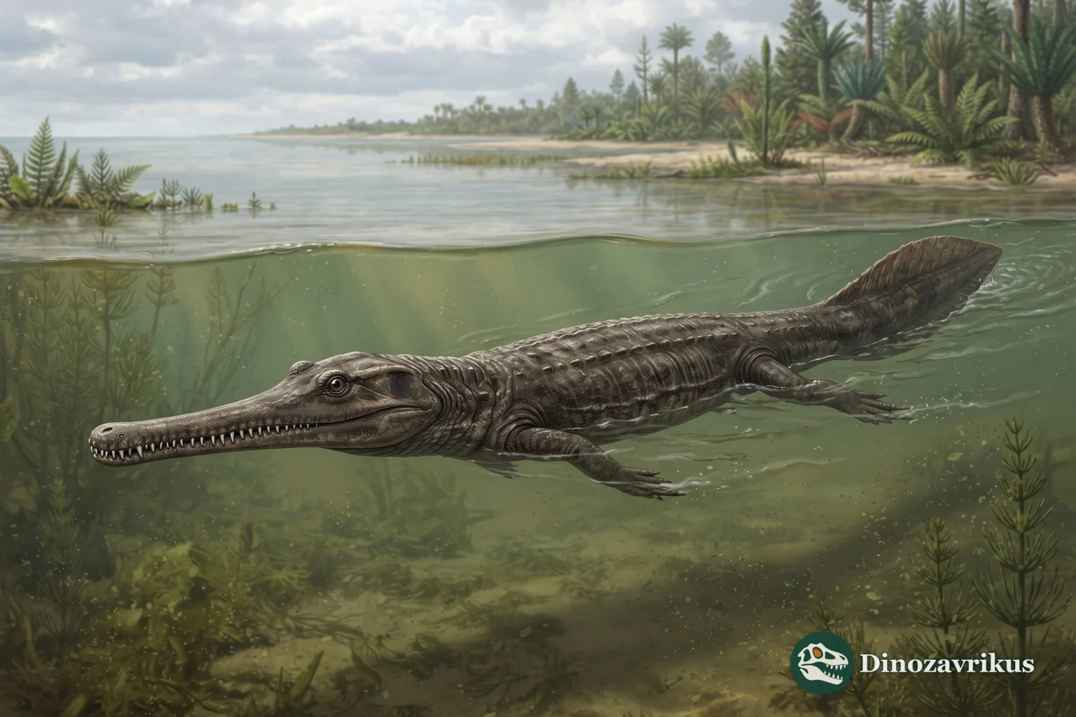 Aphaneramma pursuing fish in an Early Triassic coastal sea