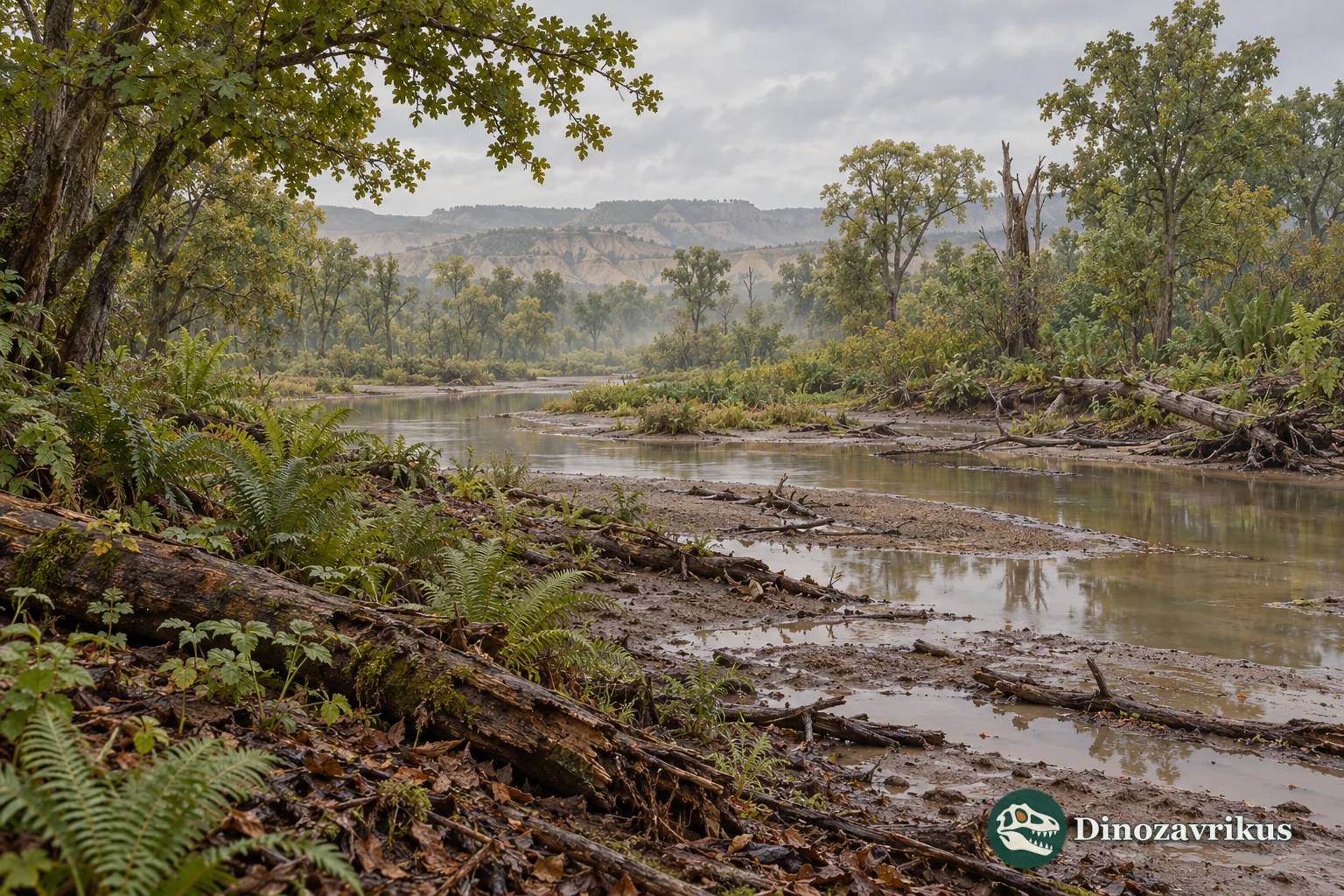Artistic reconstruction of a Paleocene floodplain