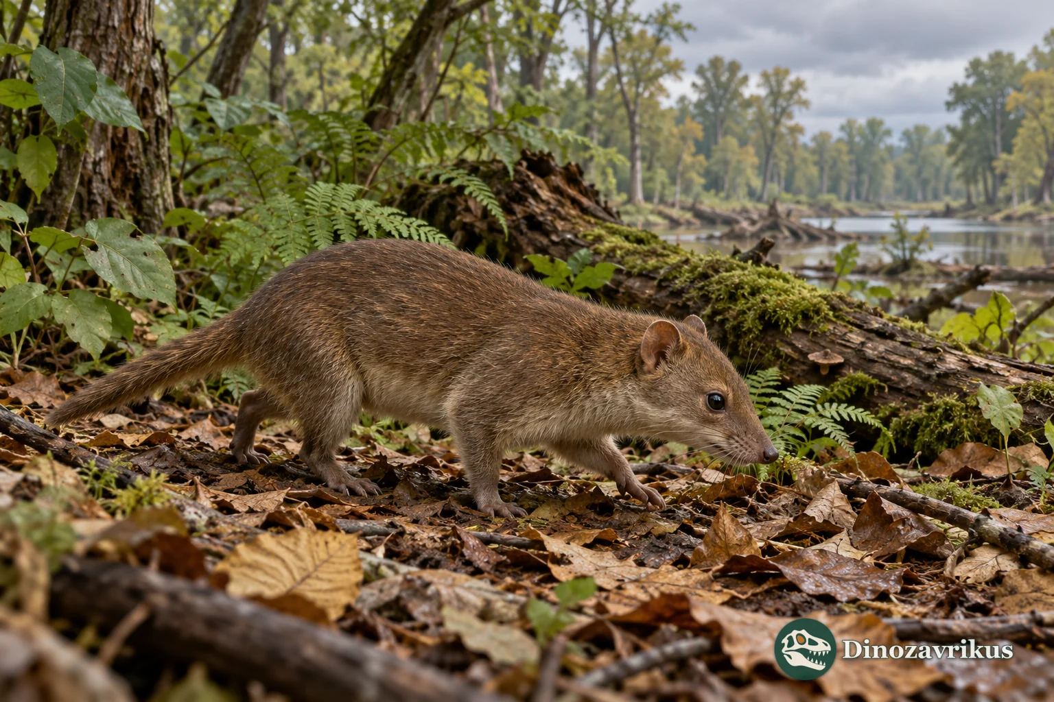 Artistic reconstruction of the small mammal Aphronorus on a Paleocene woodland floor