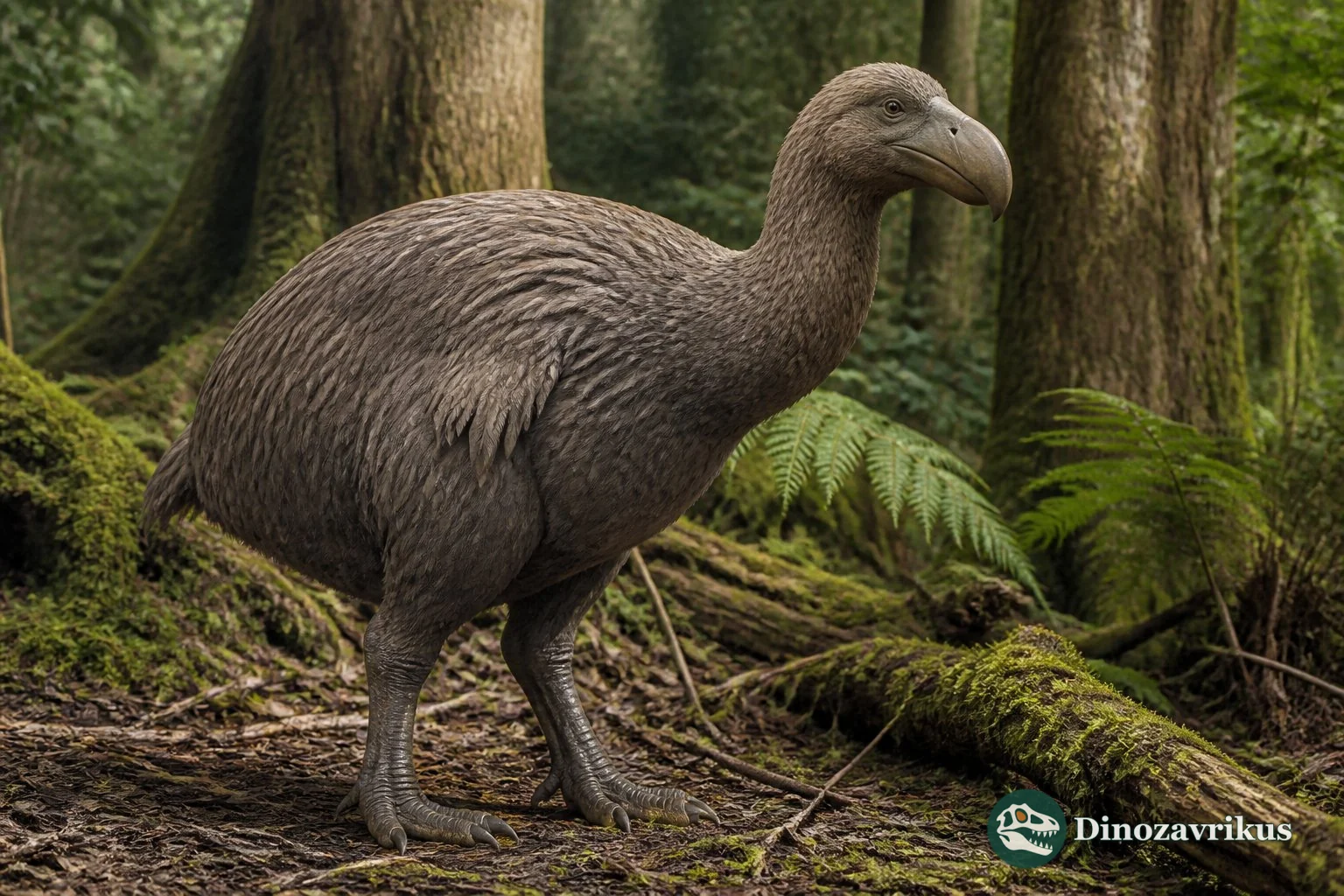 Aptornis walking through a New Zealand forest