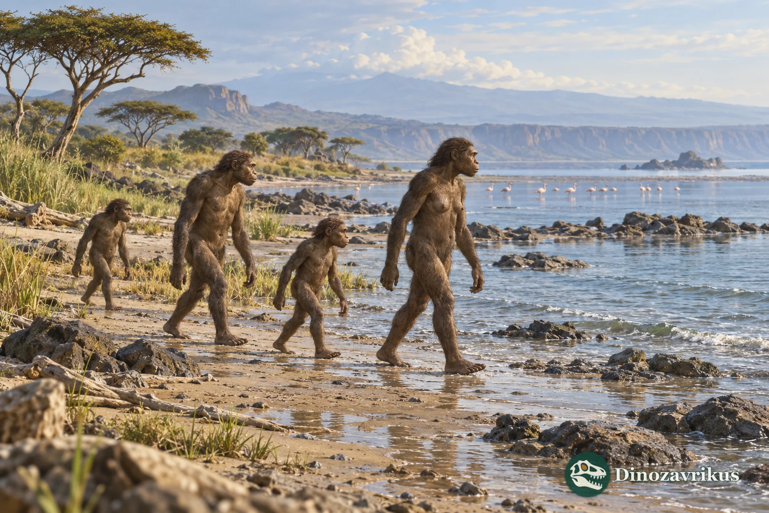 A group of early hominins walking along an African lakeshore