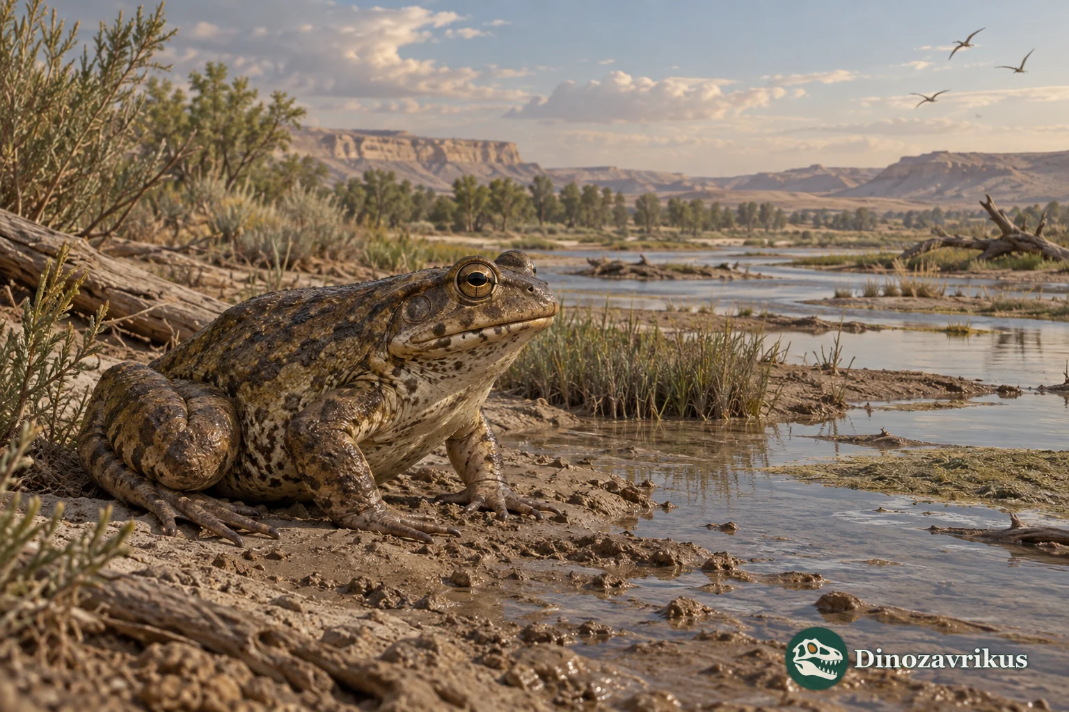 Aralobatrachus beside a shallow channel in the Late Cretaceous Kyzylkum region