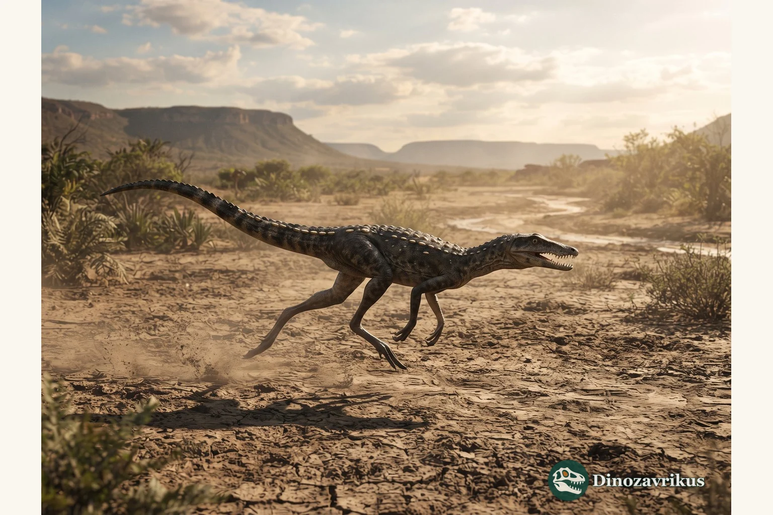 Araripesuchus moving across a Cretaceous Gondwanan floodplain