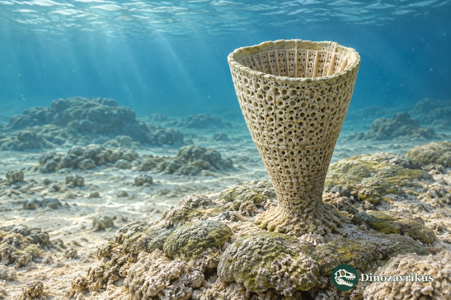 An upright Archaeocyathus cup with two porous walls attached to a pale microbial Cambrian reef