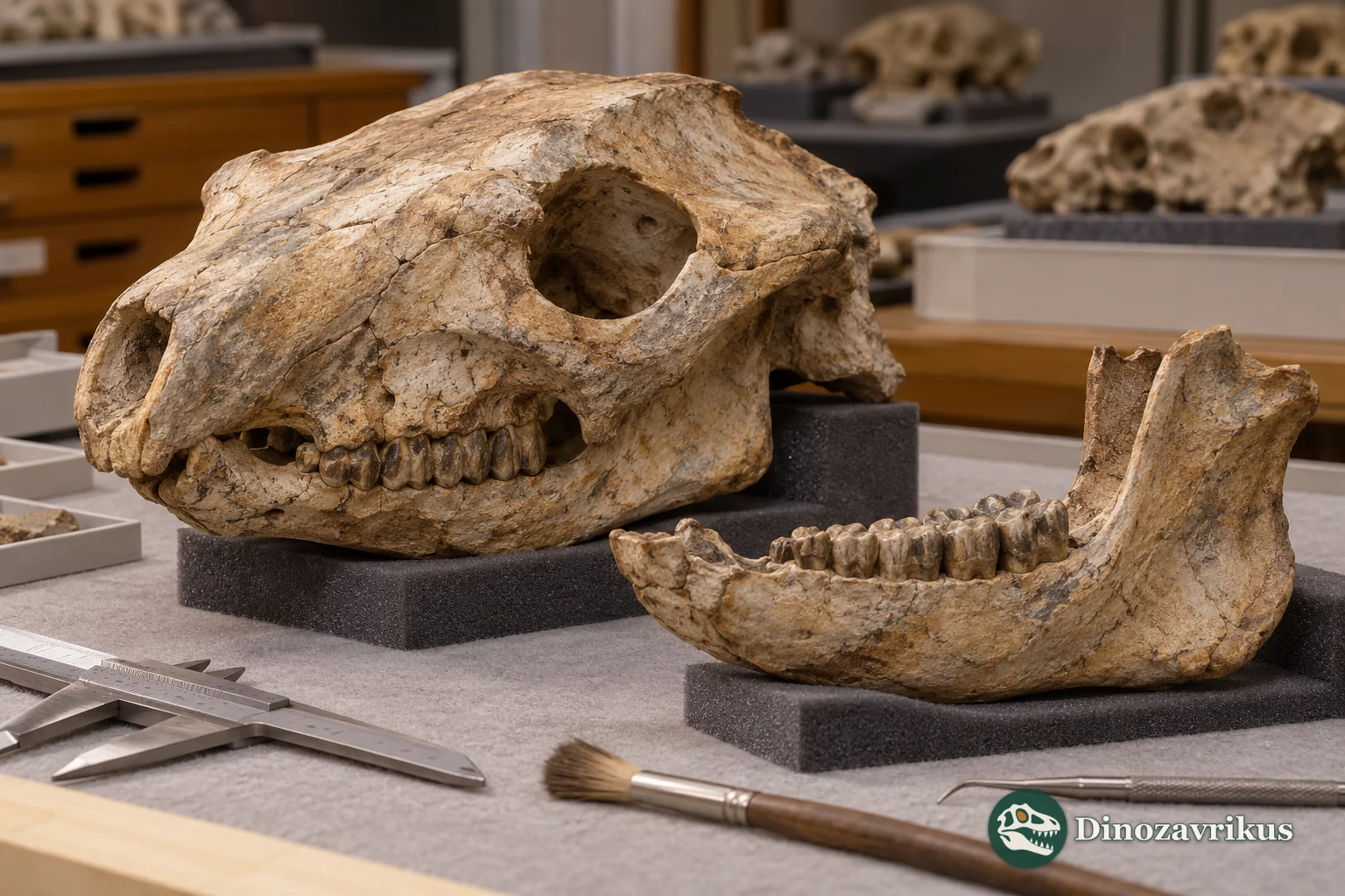 Illustrative reconstruction of a palaeontologist examining a fossil skull and jaw