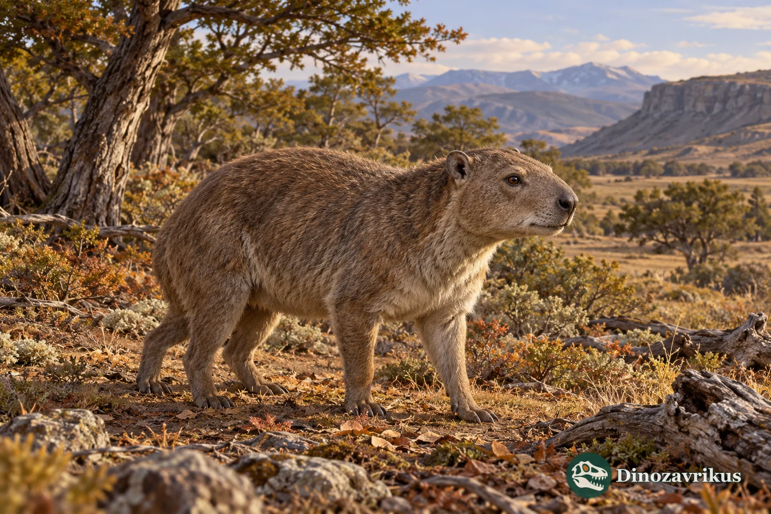 Artistic reconstruction of Archaeohyrax moving through an Oligocene Patagonian scrubland