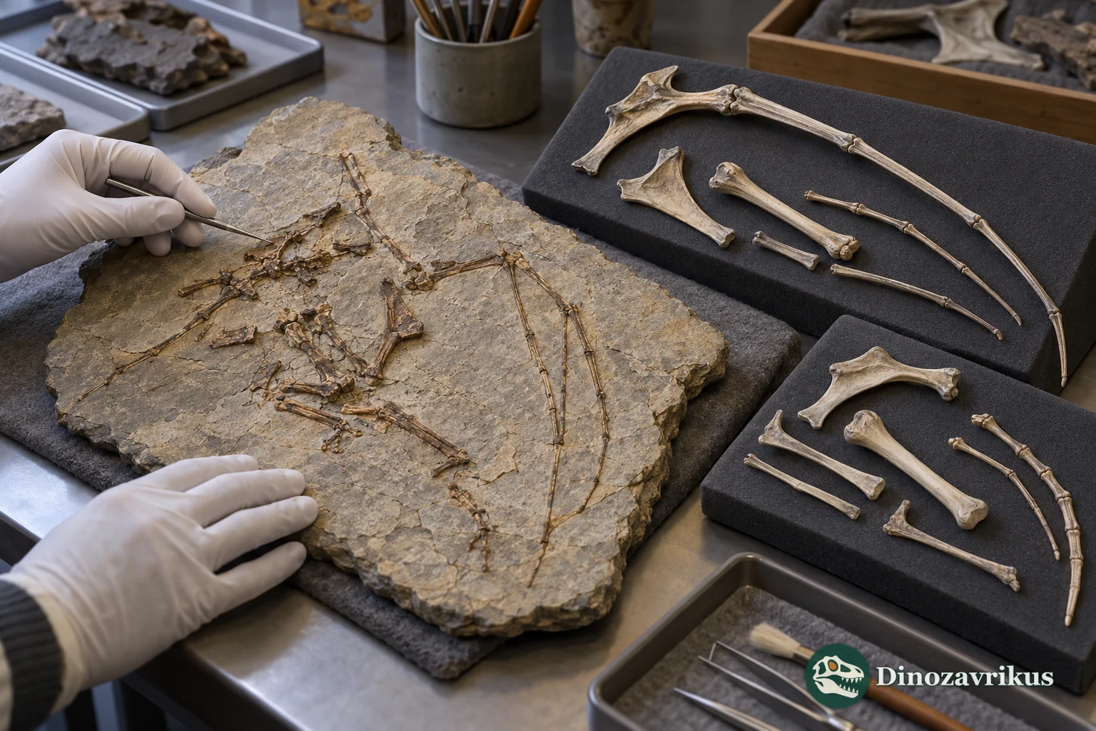 Illustrative comparison of a compressed pterosaur fossil with separate reference bones