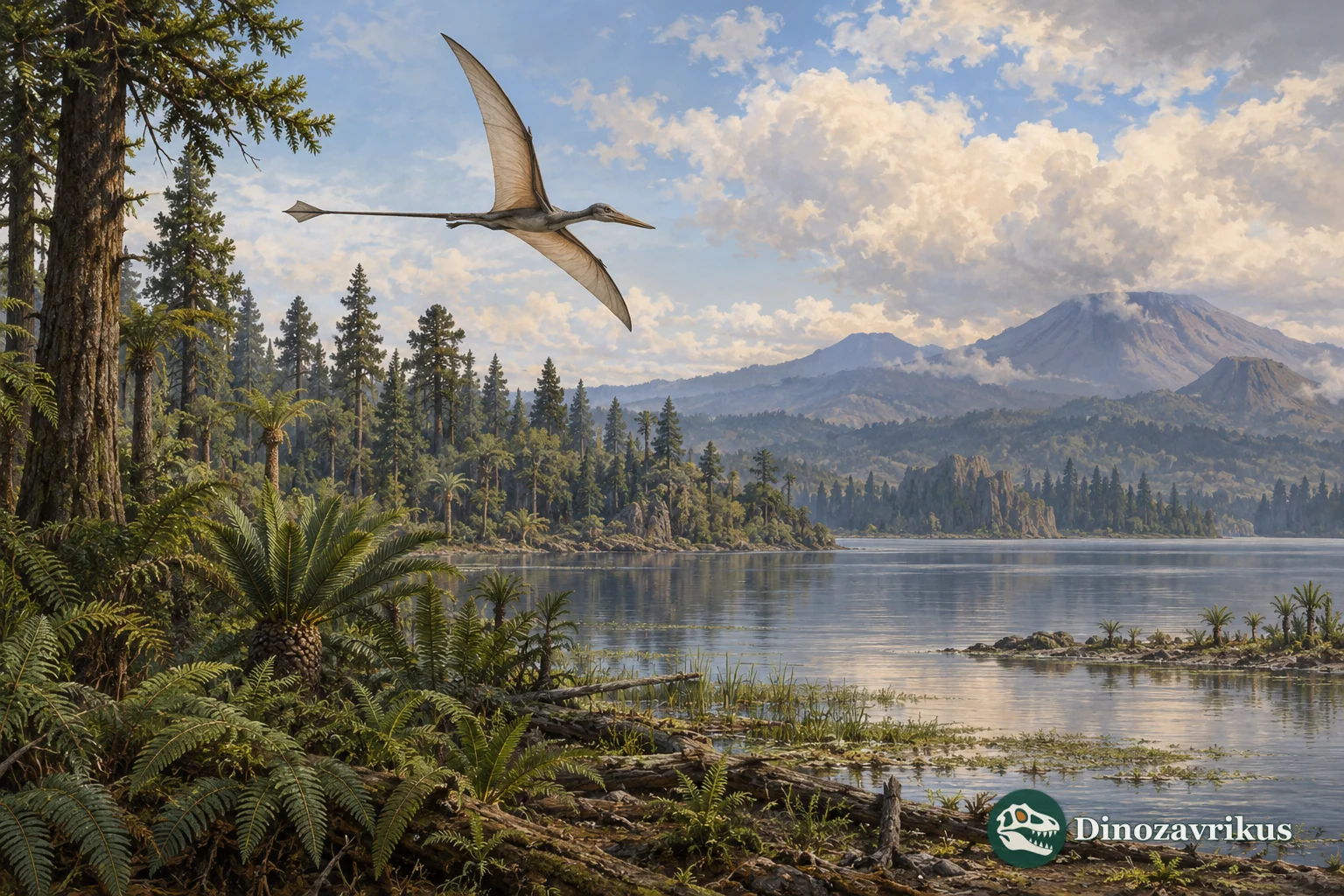Artistic reconstruction of a Jurassic forest lake in the Tiaojishan region