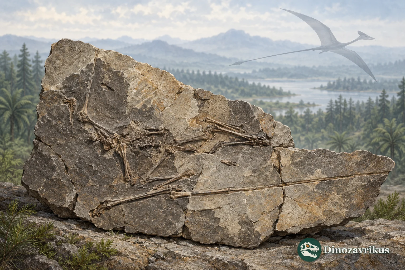 Artistic reconstruction of an incomplete Jurassic pterosaur skeleton beside a distant flying silhouette