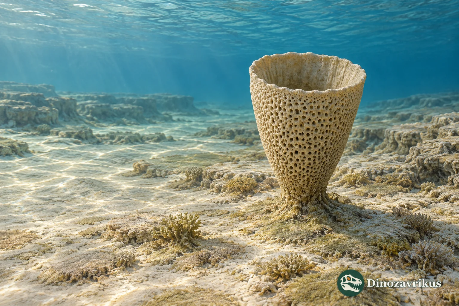 A solitary tapered Archaeolynthus cup with one evenly porous wall on an early Cambrian carbonate seabed