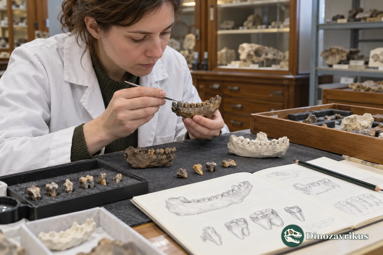 Illustrative study of small fossil teeth and a partial jaw in a palaeontology laboratory