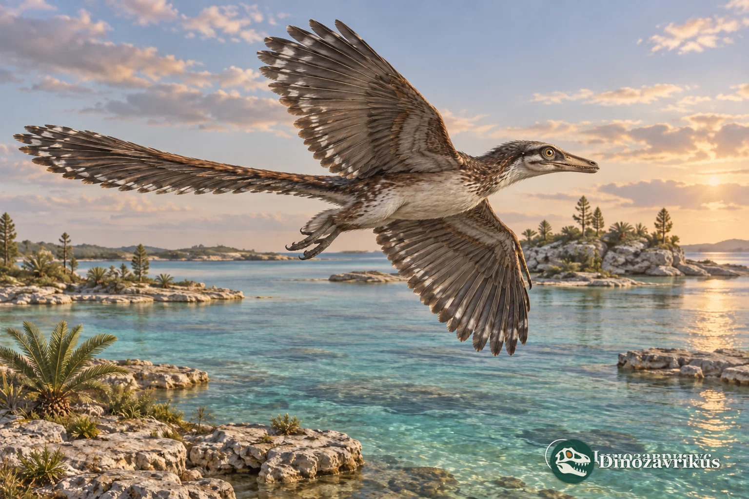 Archaeopteryx-like avialan flying above lagoons of a Late Jurassic archipelago