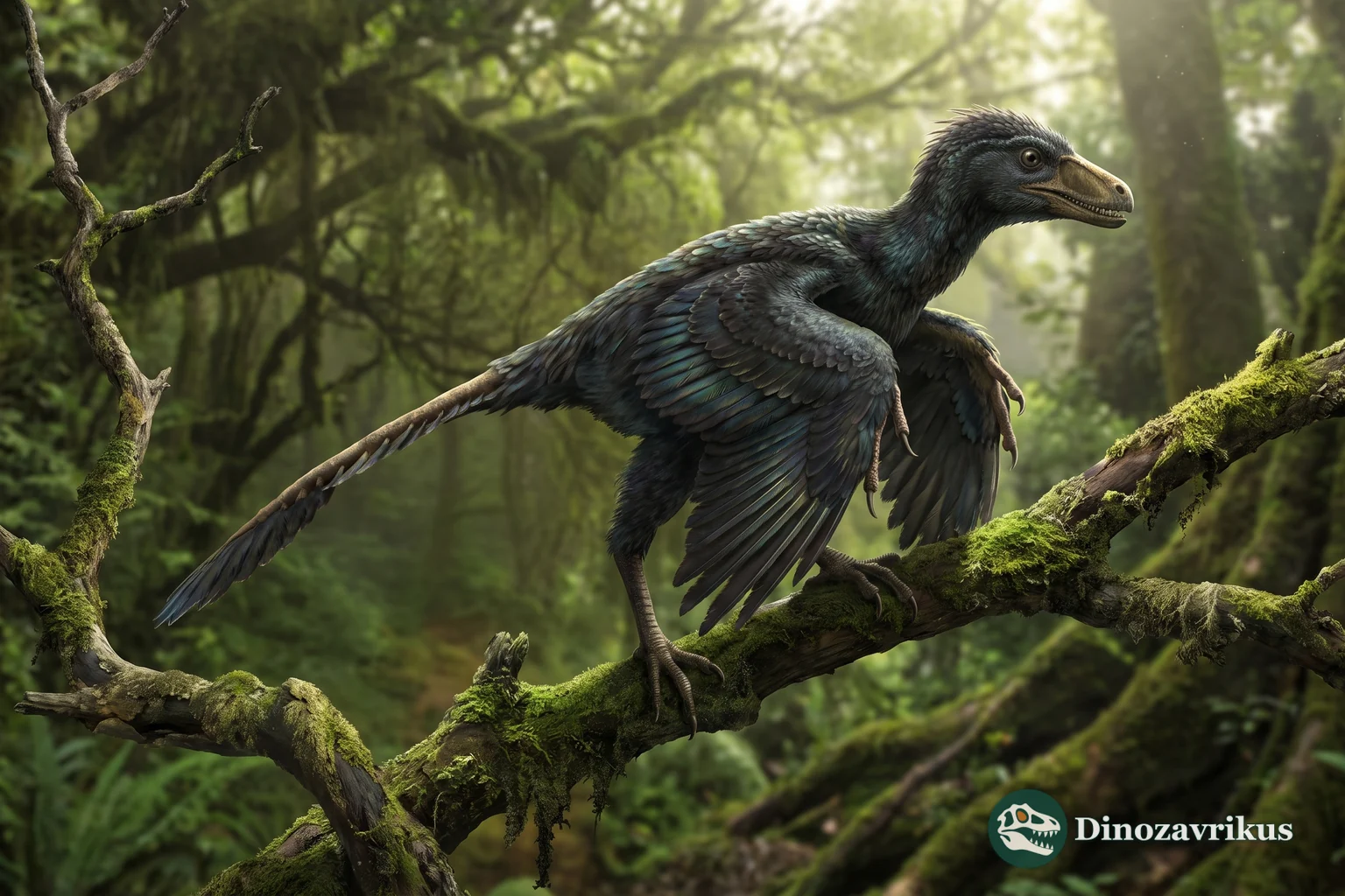 Feathered reconstruction of Archaeopteryx perched on a branch