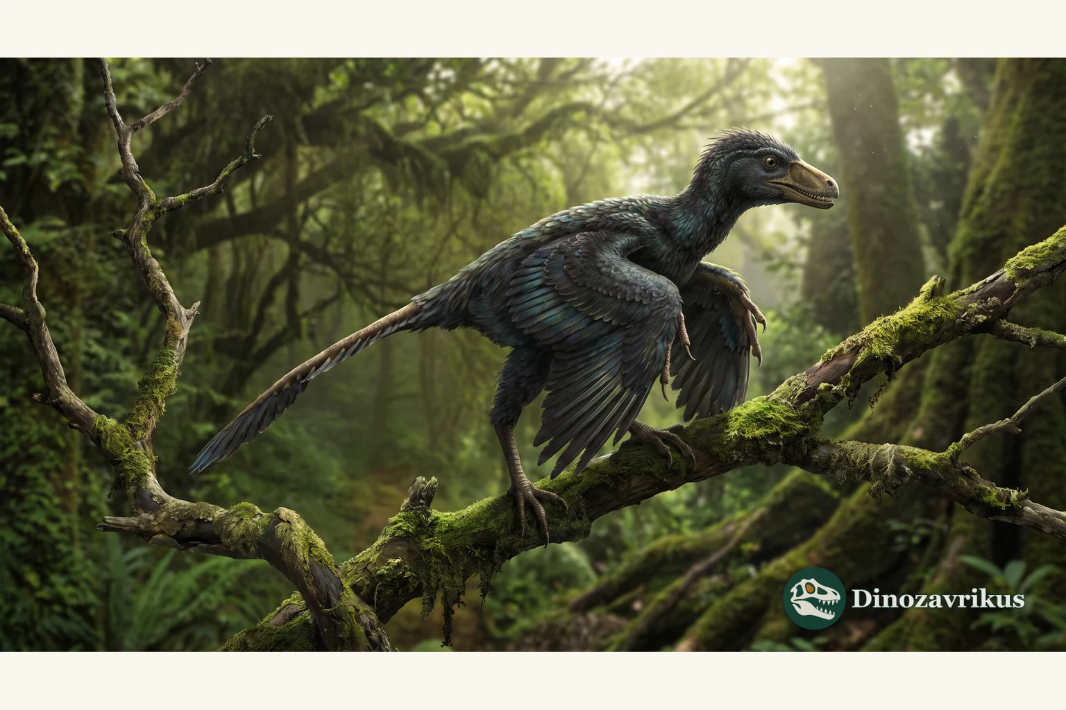 Feathered reconstruction of Archaeopteryx perched on a branch