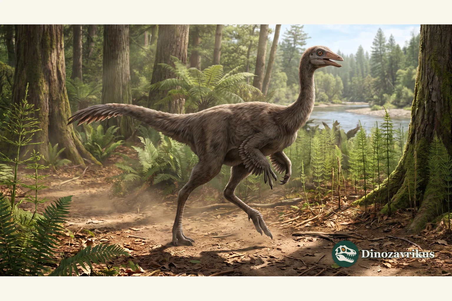 Archaeornithomimus reconstructed on a Late Cretaceous floodplain