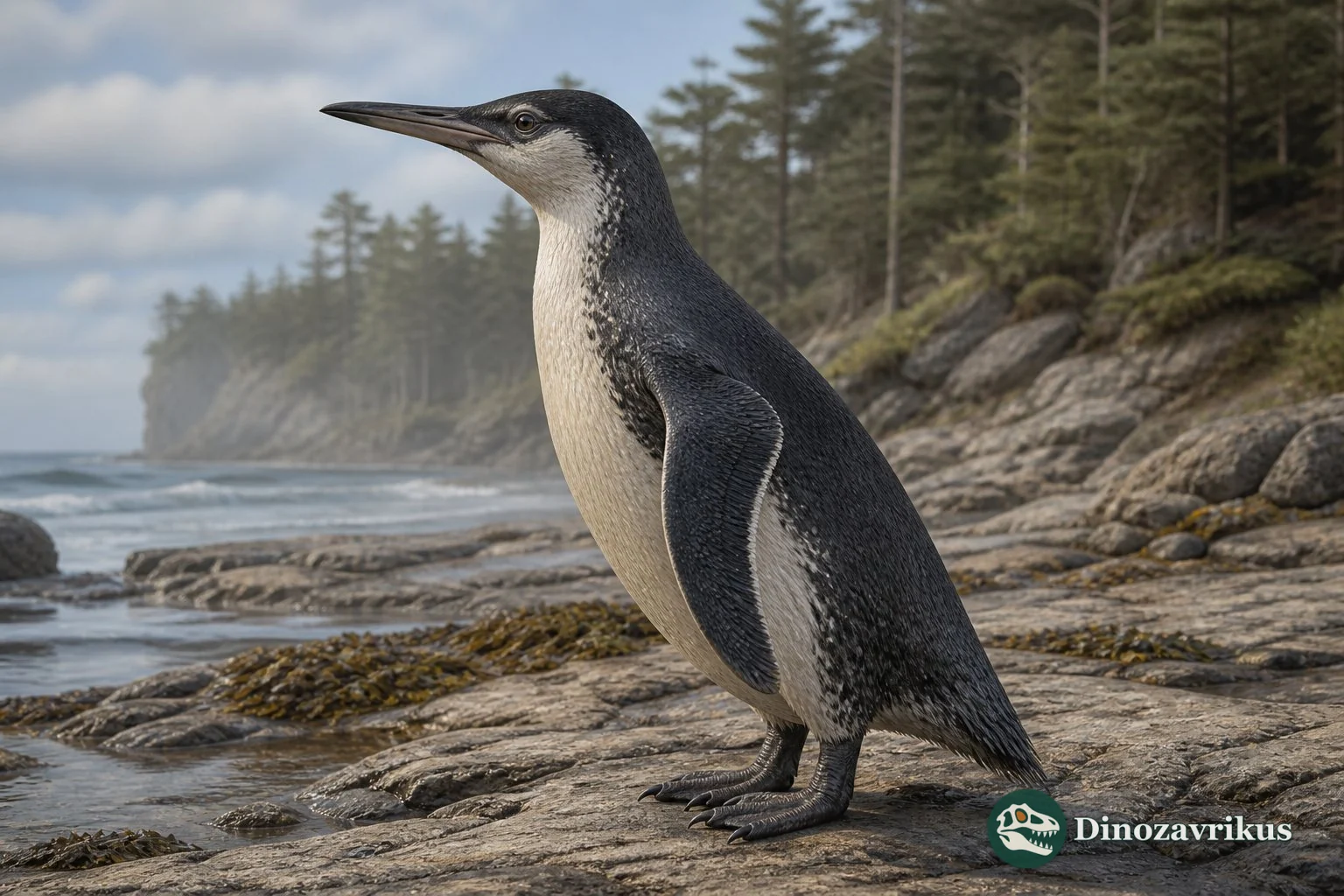 Fossil penguins reconstructed beside an Antarctic shore