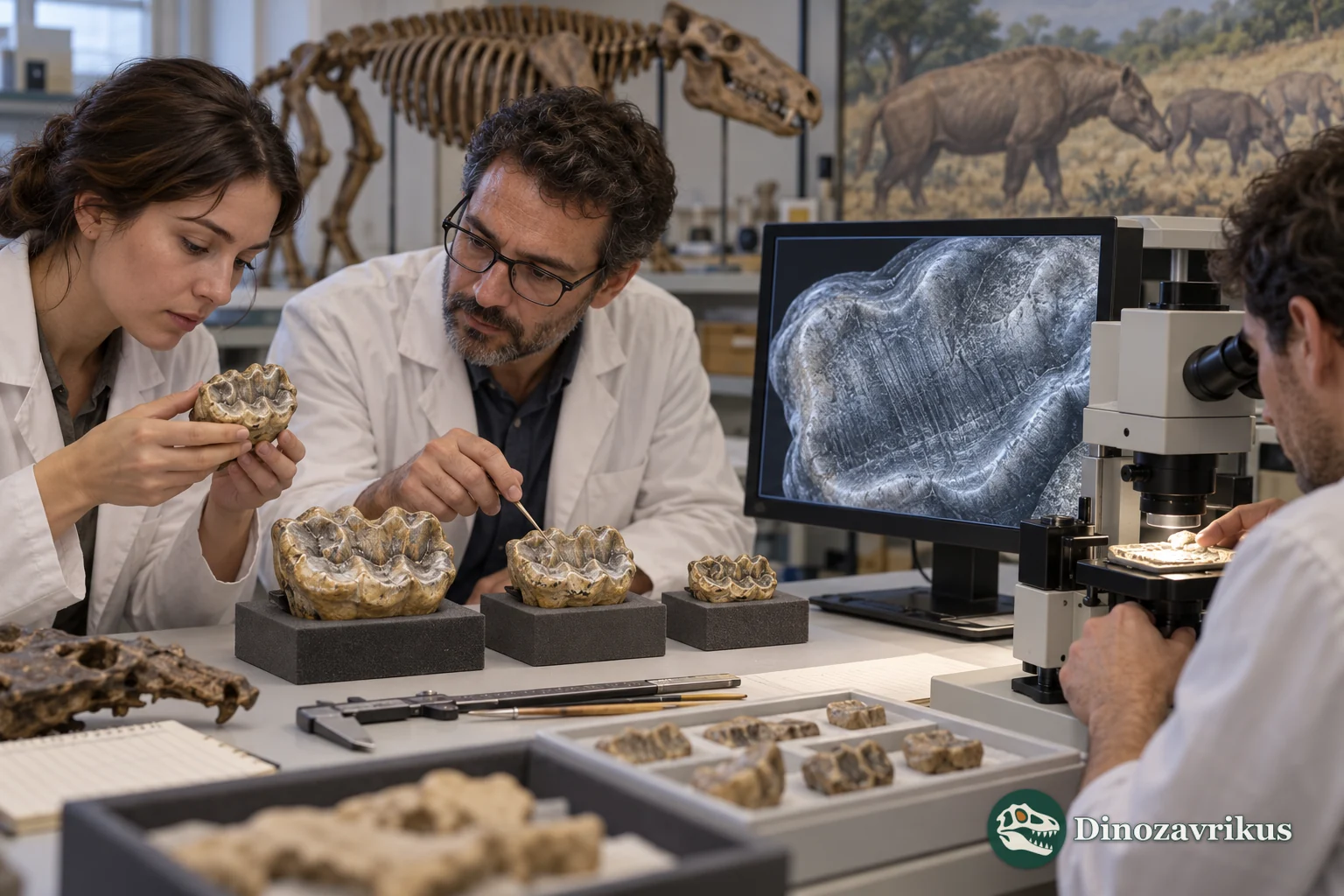 Illustrative scene of palaeontologists examining Archaeotherium teeth
