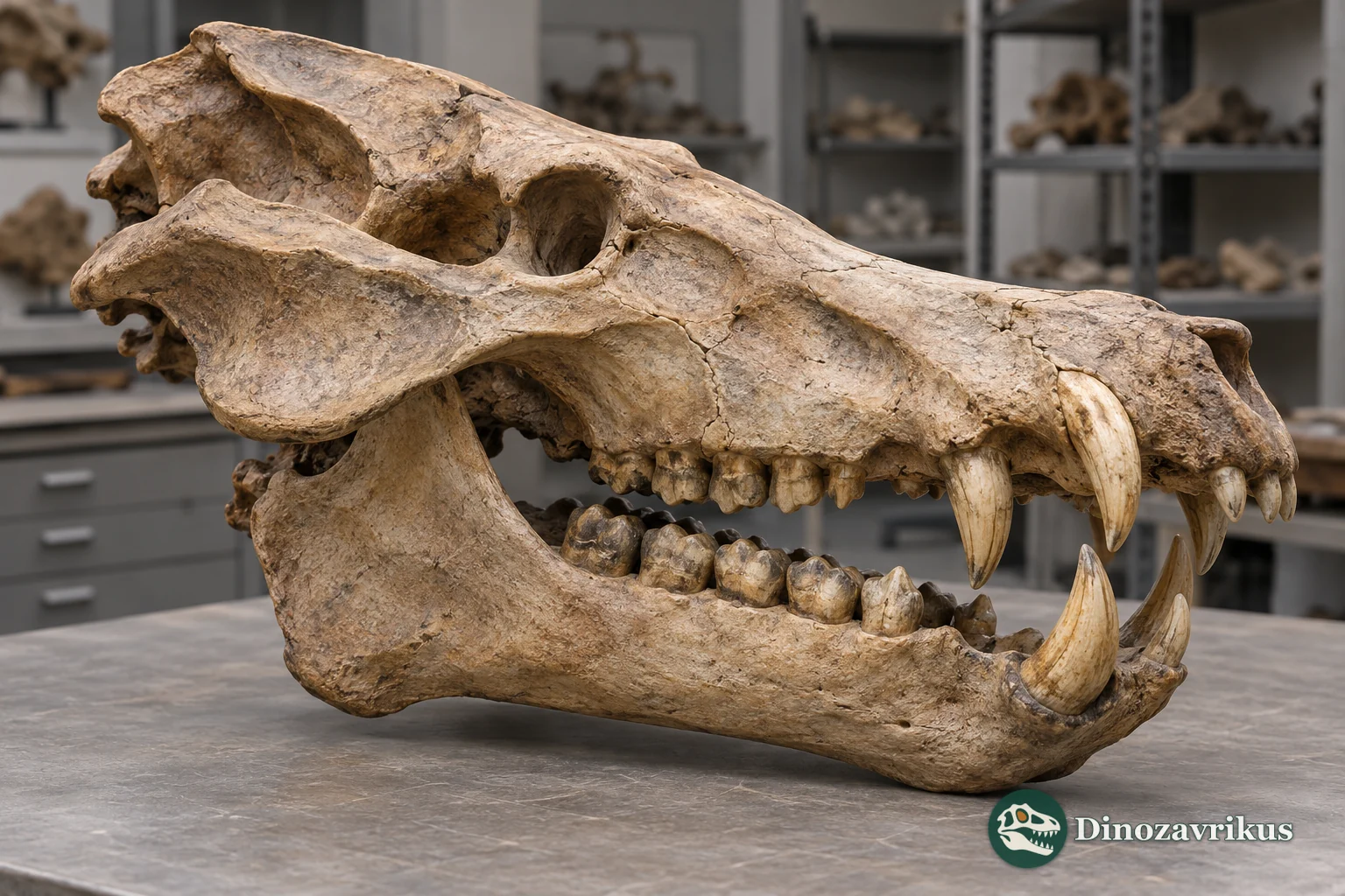 Educational illustration of an Archaeotherium skull under study