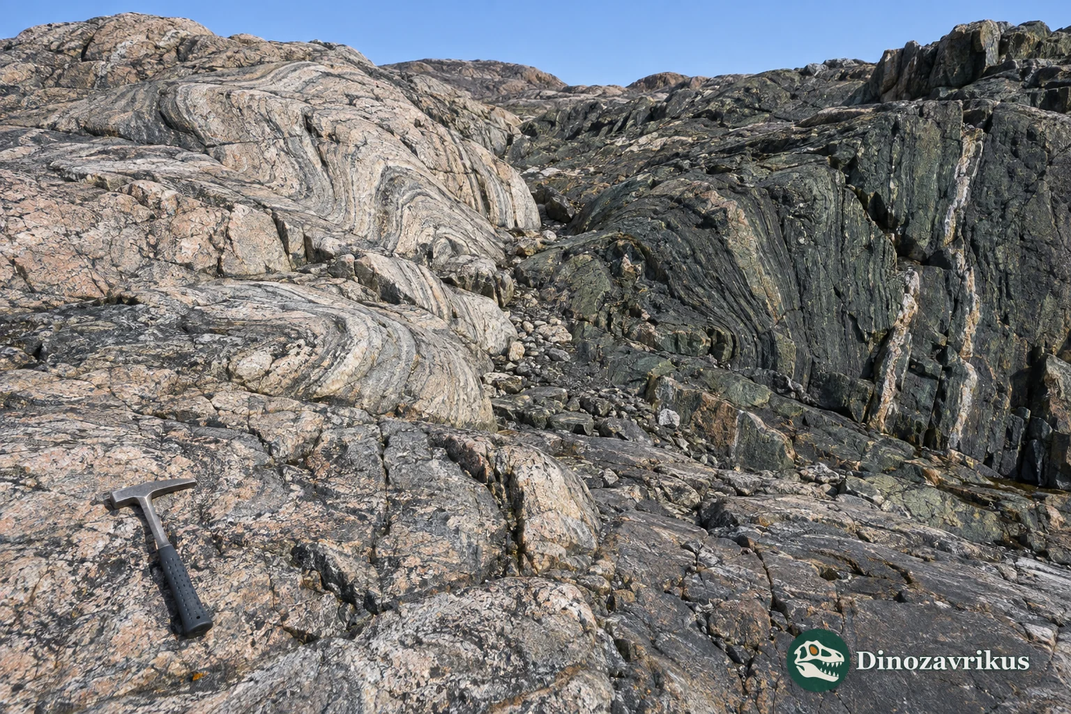 Light TTG gneiss beside dark metamorphosed rocks of an Archean greenstone belt