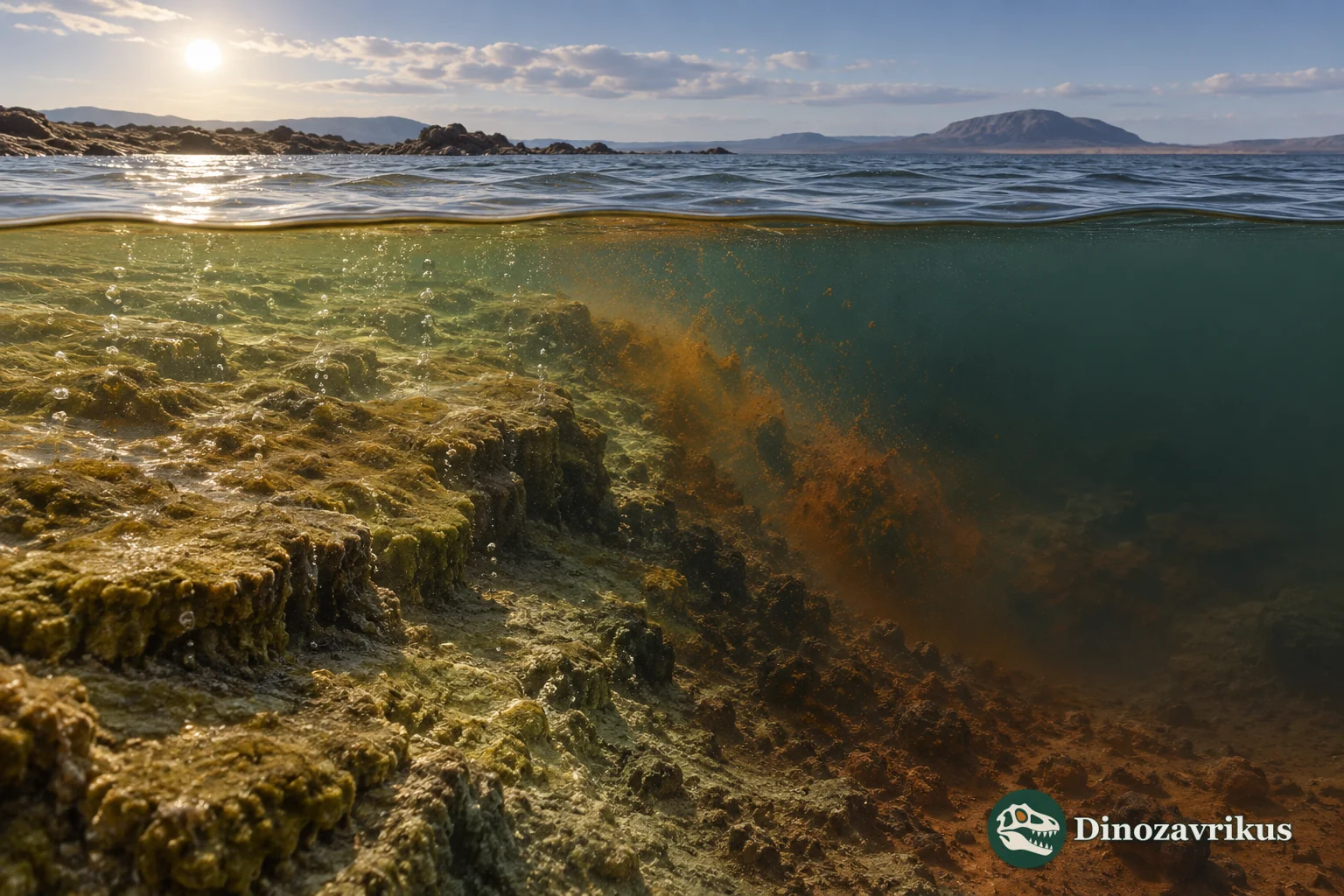 Local oxygen-rich water above photosynthetic mats beside darker iron-rich water