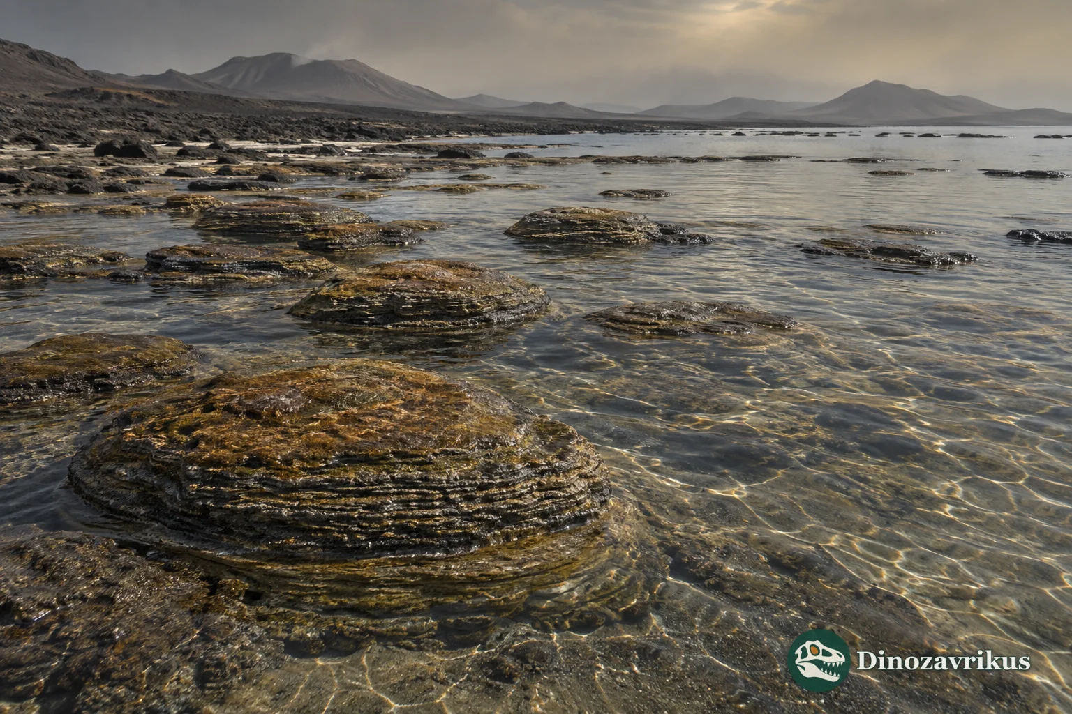Archean stromatolites growing across a shallow tidal flat