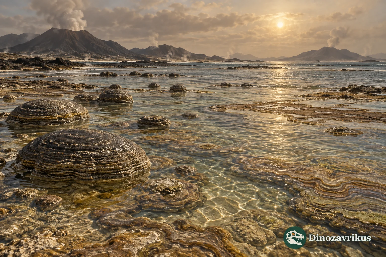 Layered Archean stromatolite mounds in shallow water beneath a hazy sky