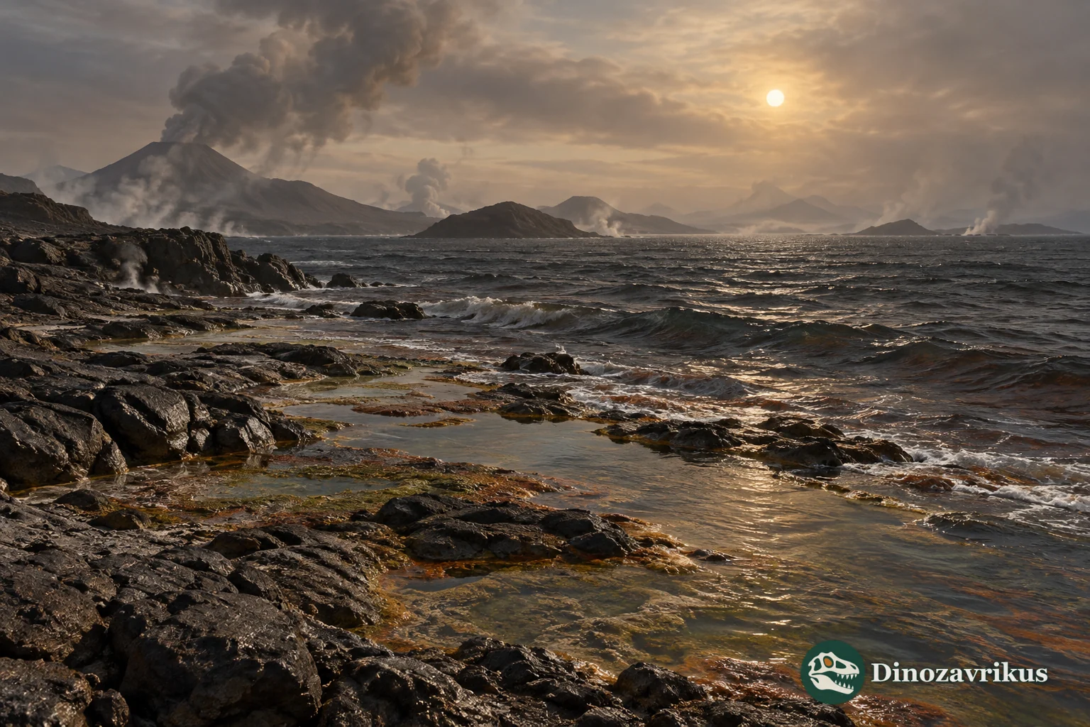 Archean volcanic coast with dark ocean, bare rock and microbial mats