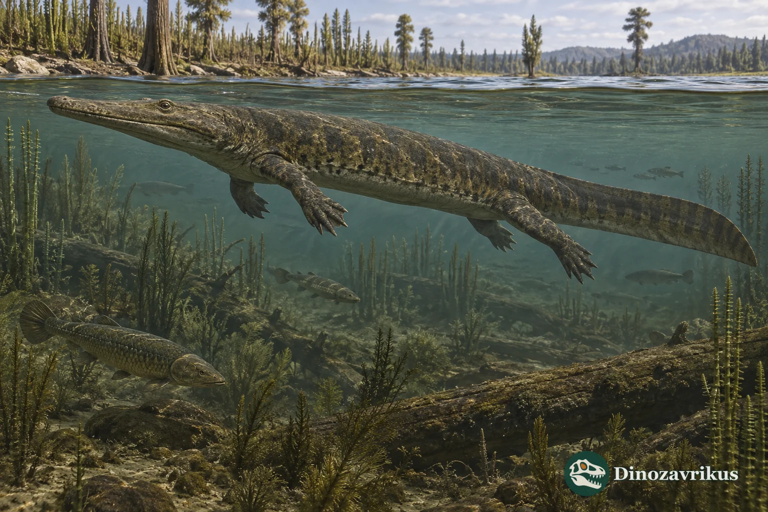 Adult Archegosaurus decheni swimming in an Early Permian lake in Germany