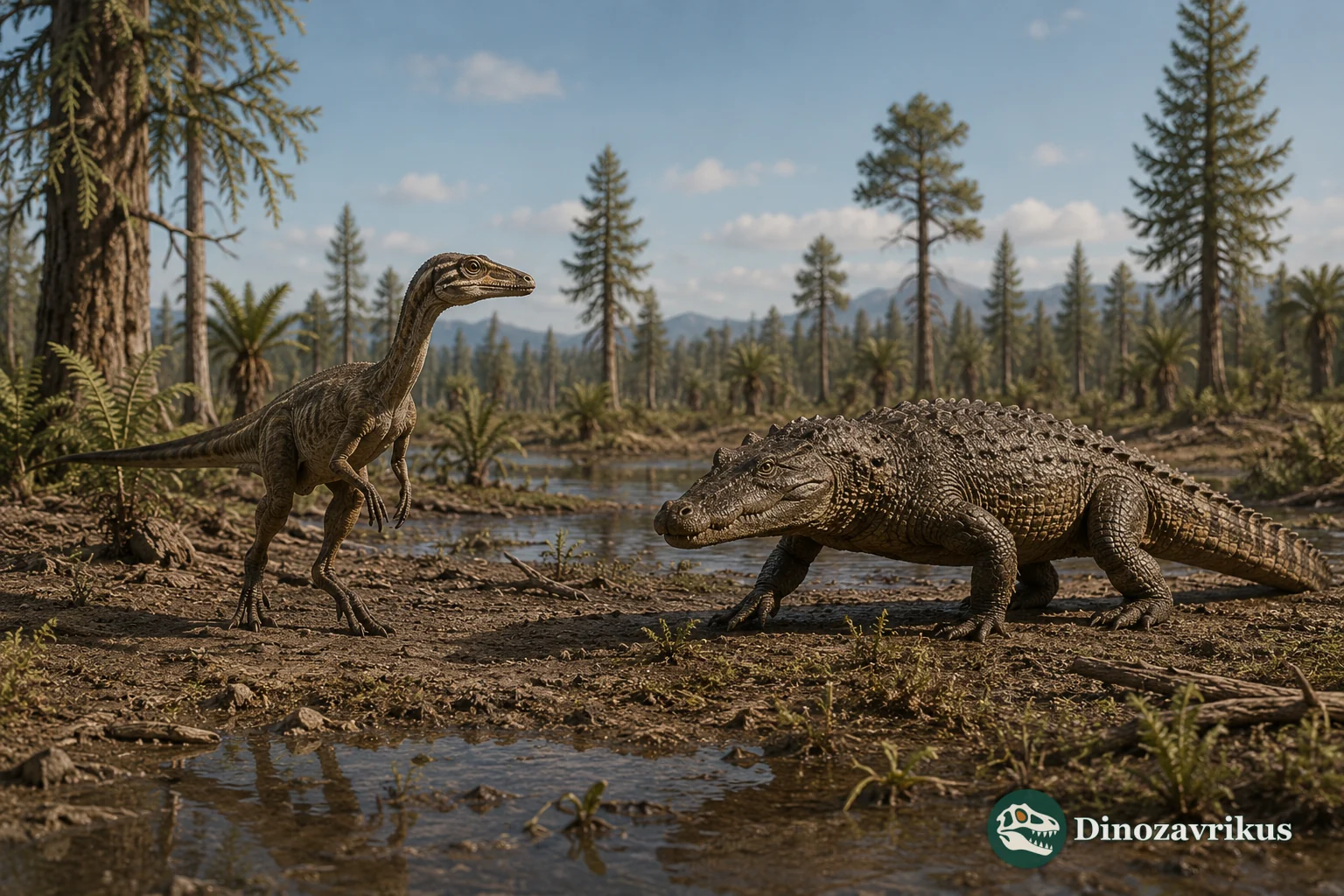 A small dinosaur, a pterosaur, a bird and a crocodilian in a reconstructed Triassic wetland
