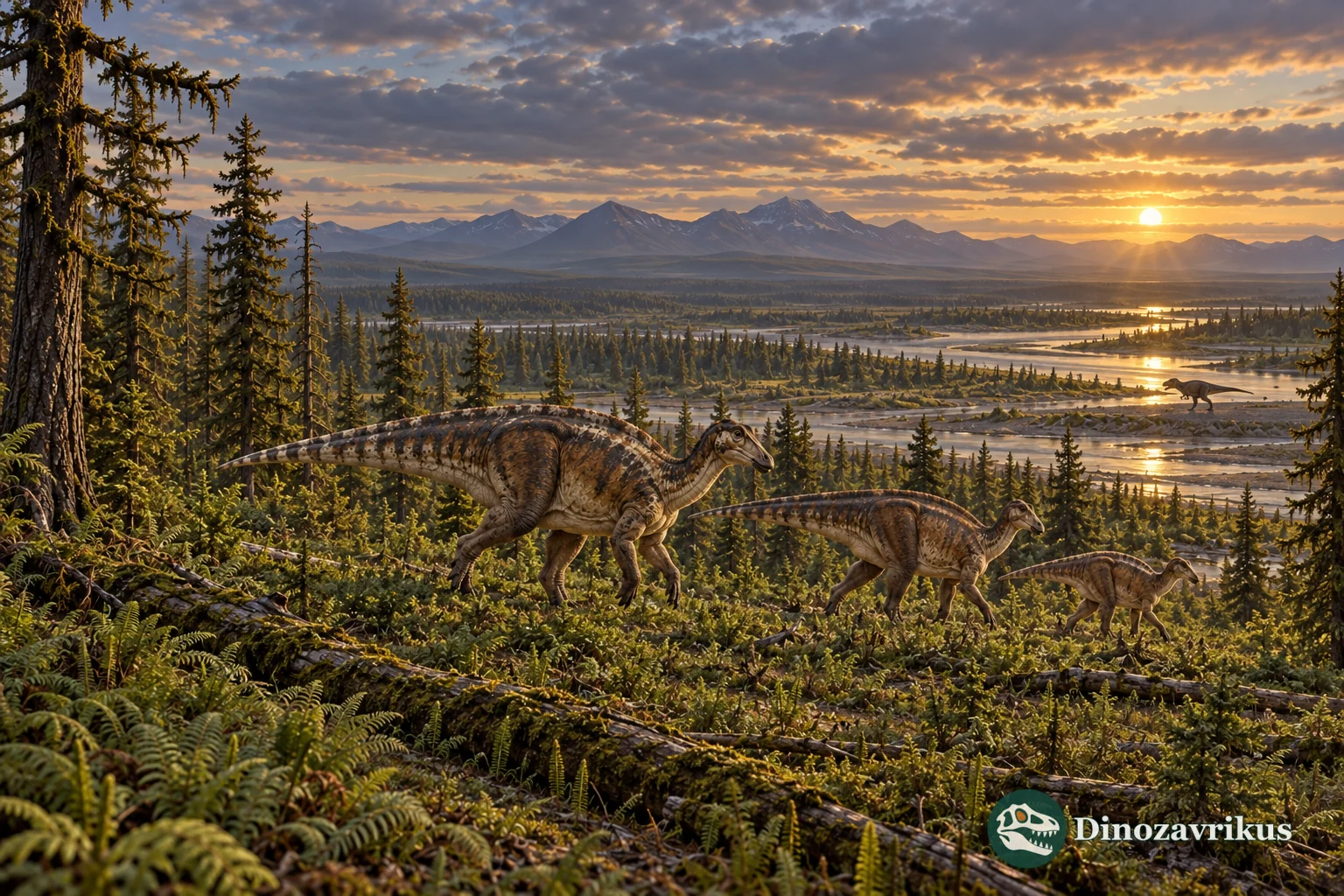 Hadrosaurs move across a forested Cretaceous high-latitude river plain at low sun