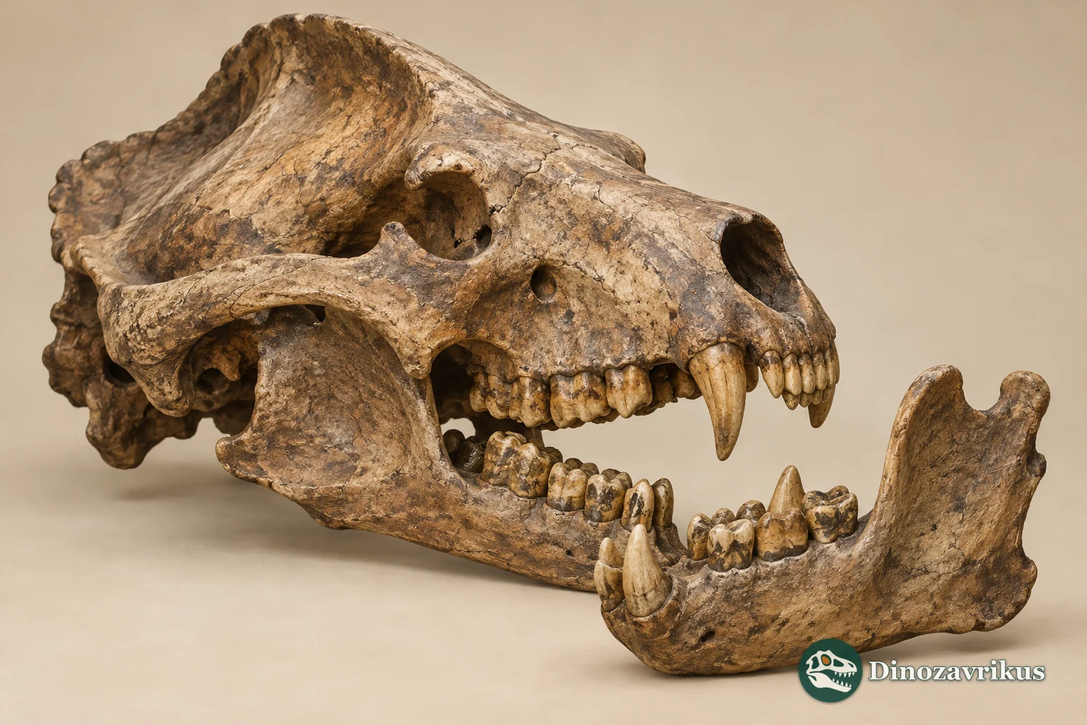 Interpretive fossil skull and jaw of a large short-faced bear