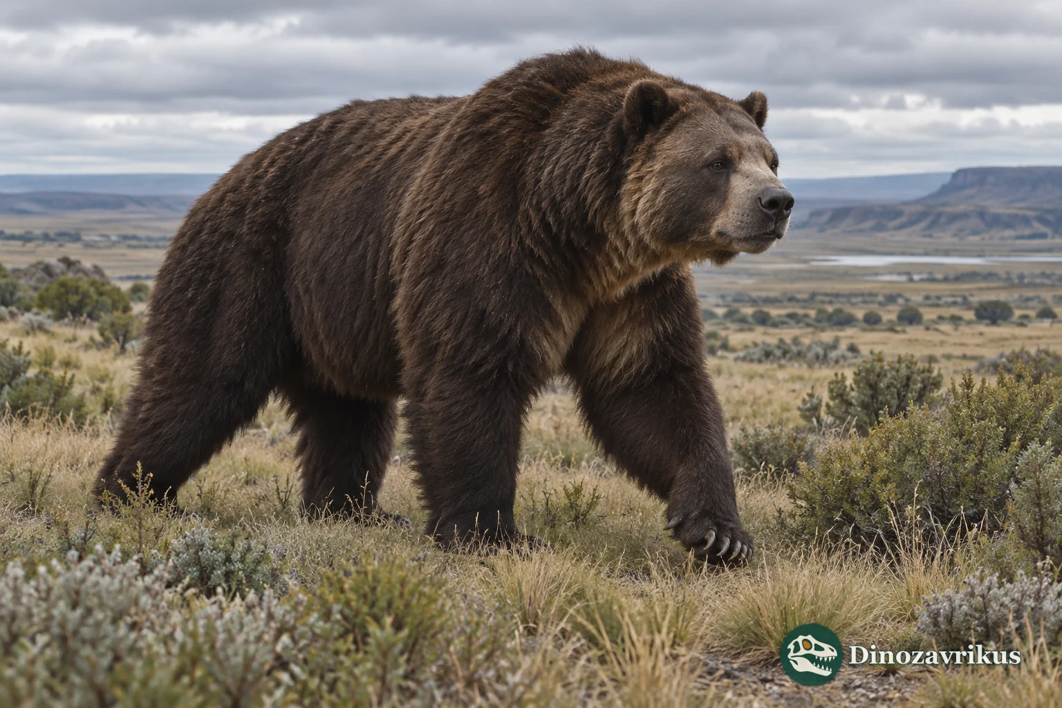 Artistic reconstruction of Arctotherium angustidens on a Pleistocene South American plain