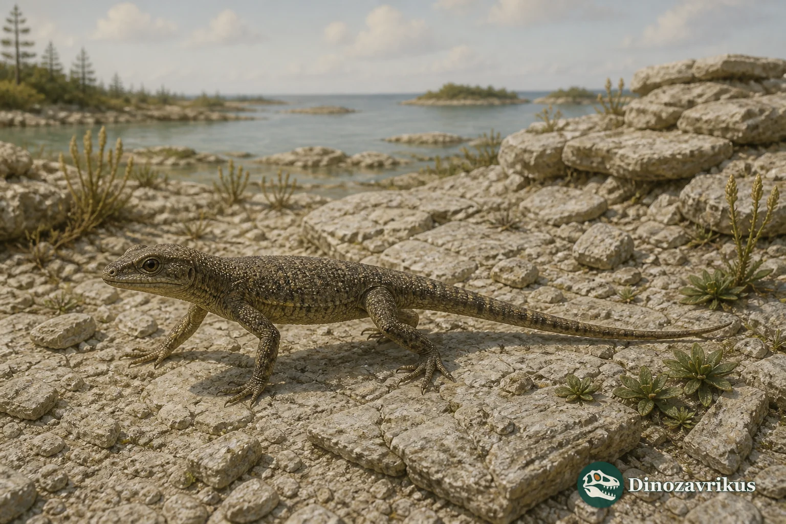 Ardeosaurus moving among stones and low vegetation on a Late Jurassic island