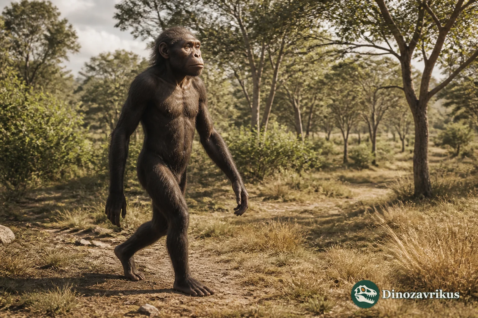 Ardipithecus reconstructed walking through woodland in Ethiopia