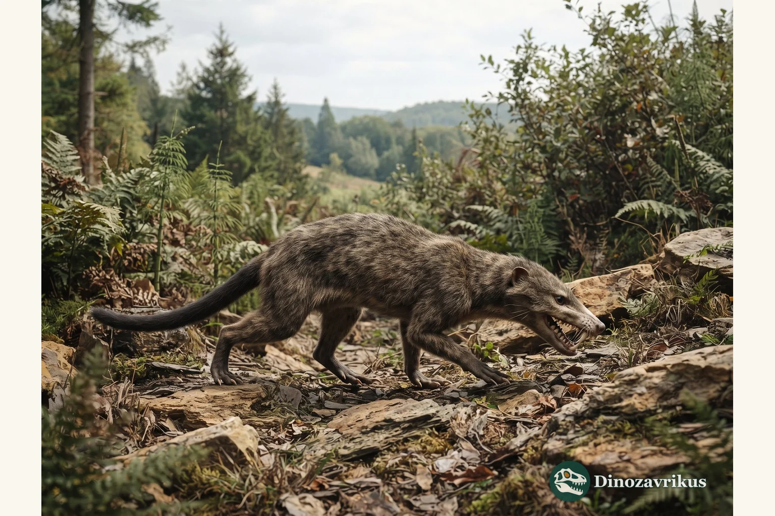 Reconstruction of Arfia, a small early Eocene hyaenodont, in a wooded floodplain