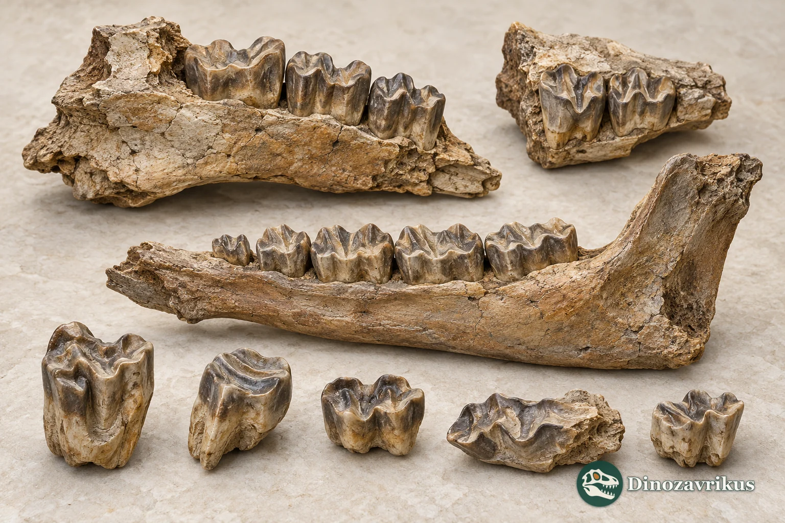 Illustrative museum study display of Argyrohyrax teeth and jaw fragments