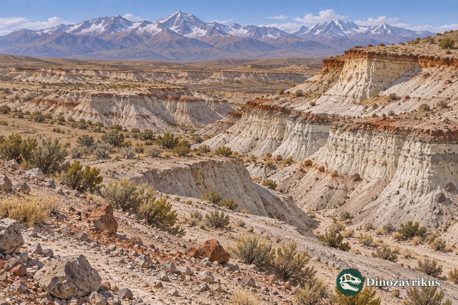 Interpretive landscape showing tuff exposures in arid Mendoza