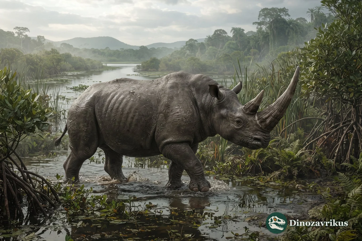 Reconstruction of Arsinoitherium crossing a wet Palaeogene floodplain