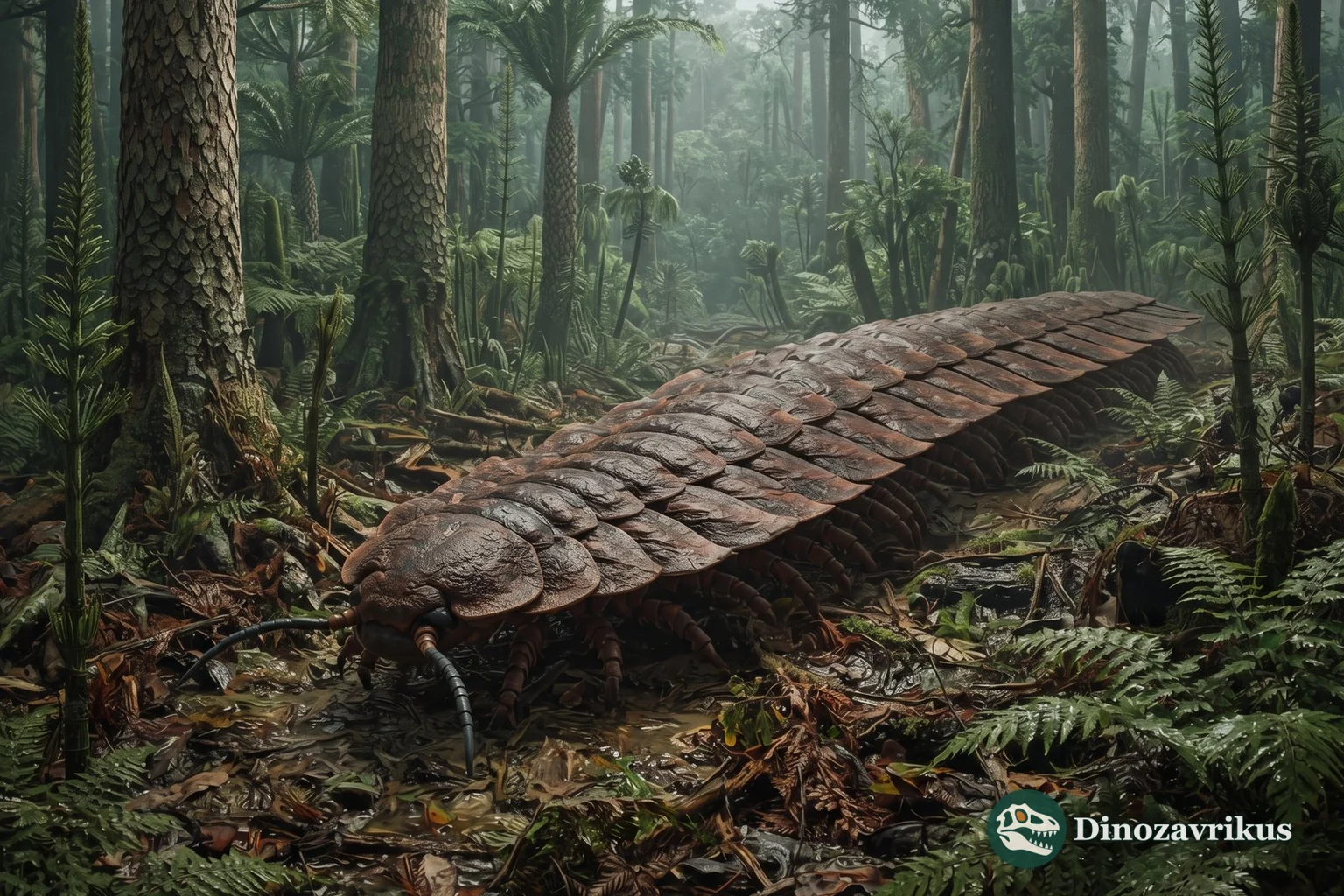 Reconstruction of Arthropleura crossing a humid Carboniferous forest floor