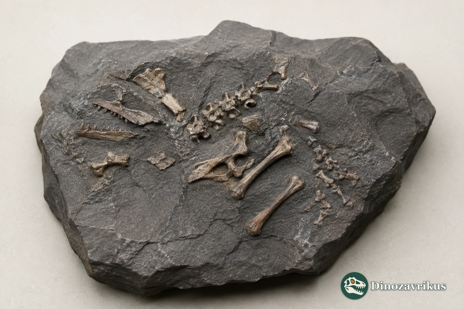 Associated jaw and skeletal bones of Asagaolacerta on a rock block