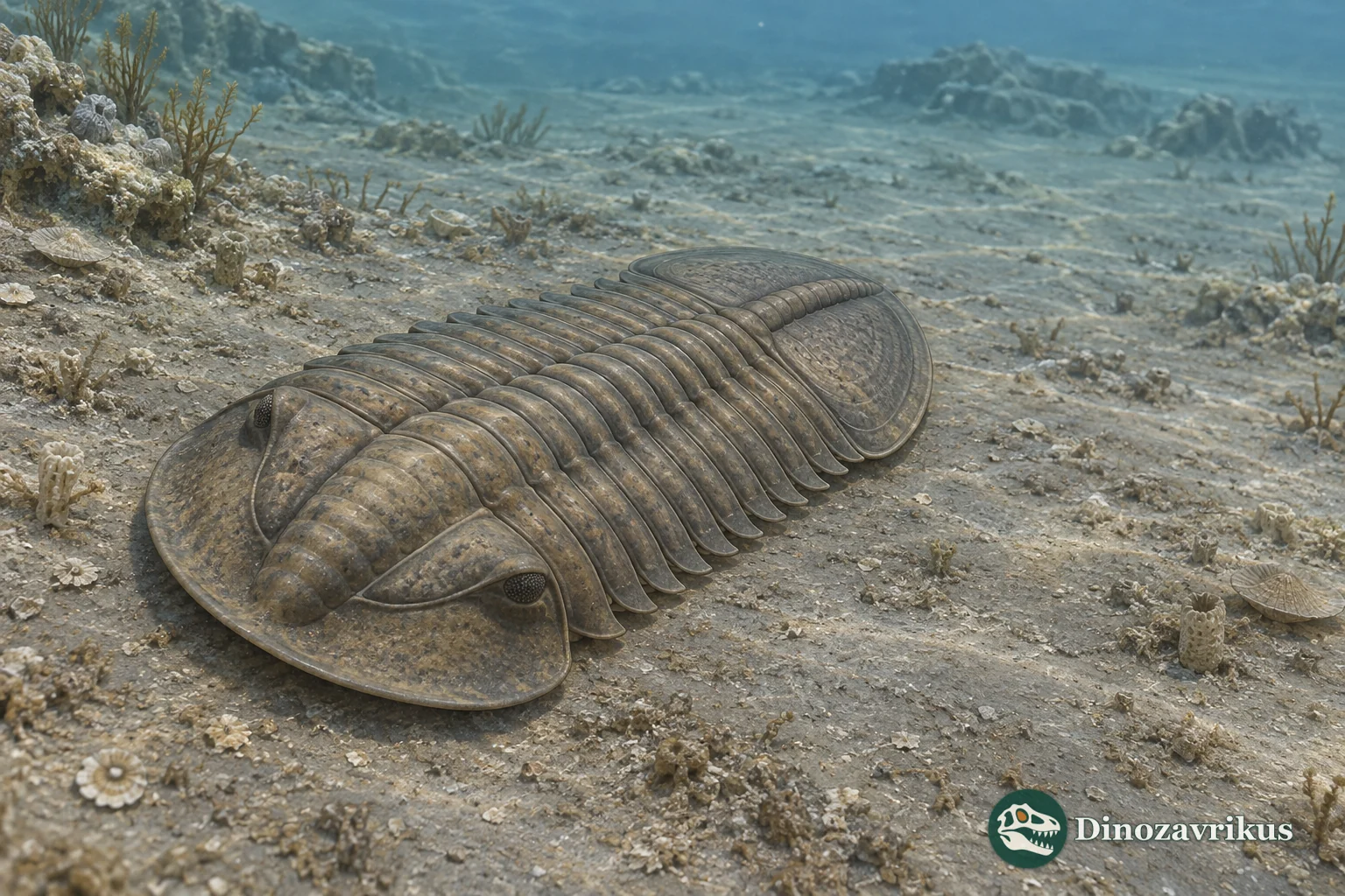 A broad, low Asaphellus trilobite moving across a quiet muddy seafloor